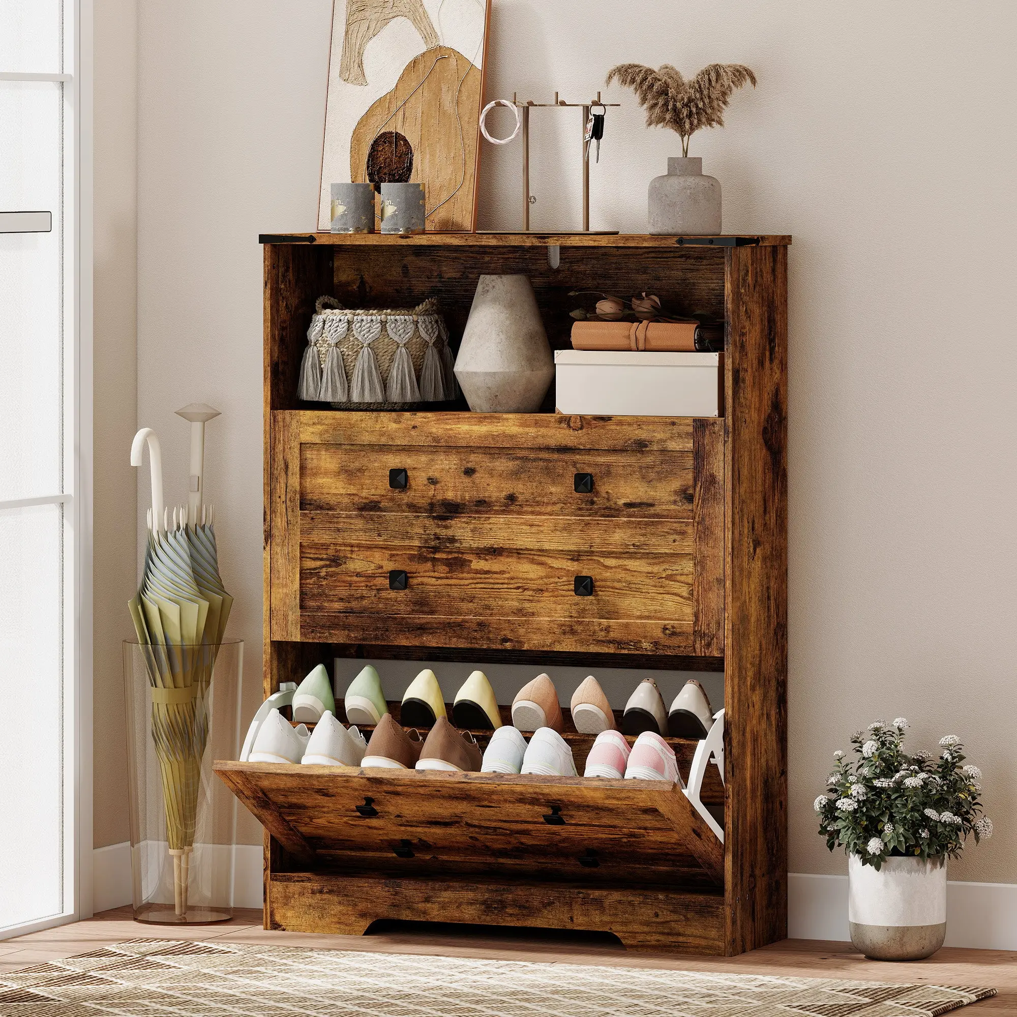 Narrow shoe cabinet with 2 flip drawers, shelves, fits 12-16 pairs, rustic brown