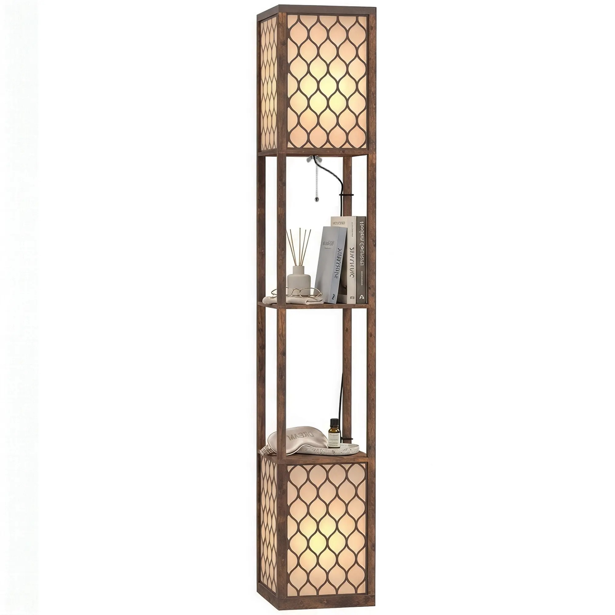 Tall Floor Lamp with Shelves, Fabric Shades and Dual Lights, Rustic Brown