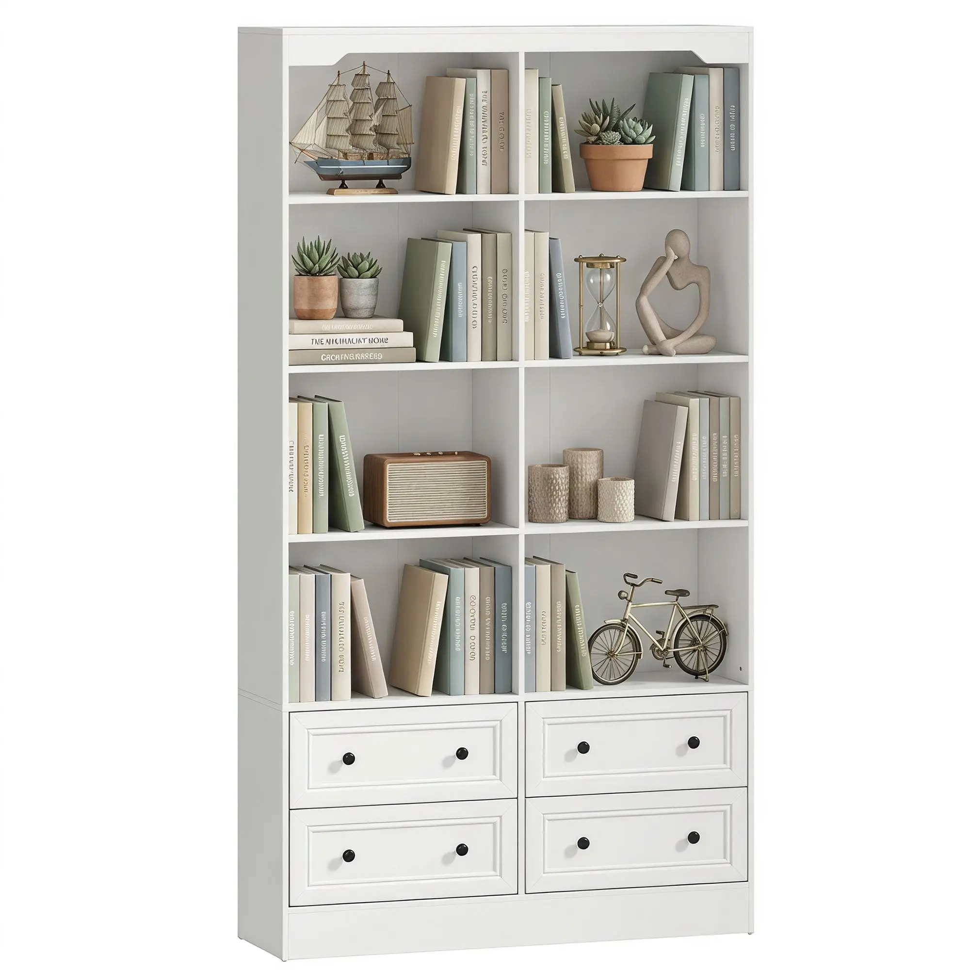 5-Tier Double Wide Bookshelf with 8 Cubbies and 4 Drawers for Home Office, White