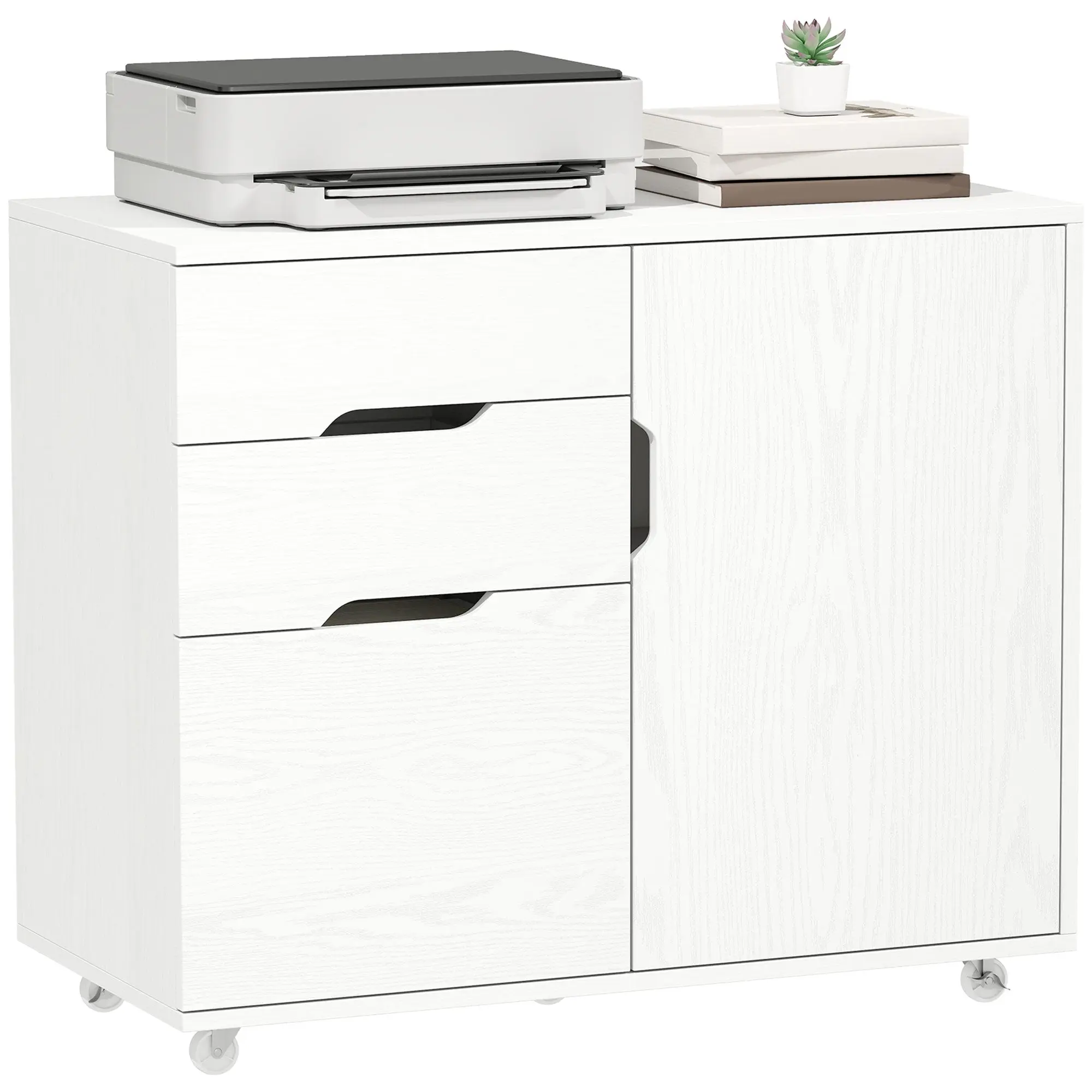 3-Drawer Lateral File Cabinet with Lockable Wheels, for A4 & Letter Files, White