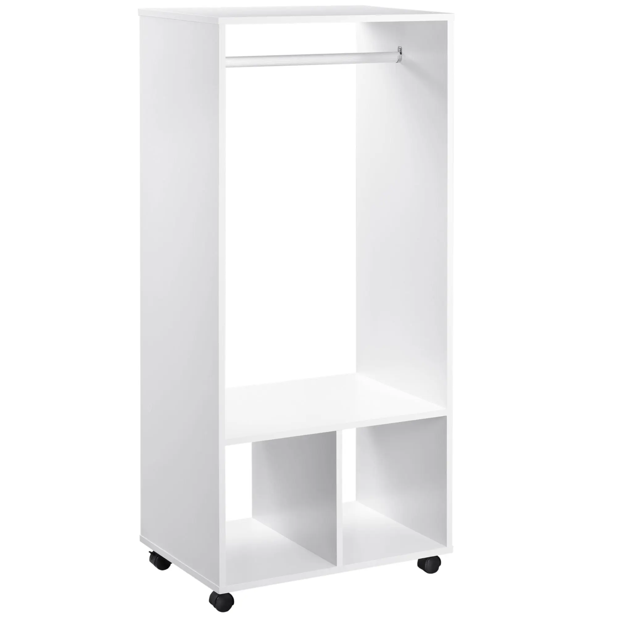 Open Wardrobe, Small Wardrobe on Wheels with Clothes Rail, 2 Storage Shelves, White