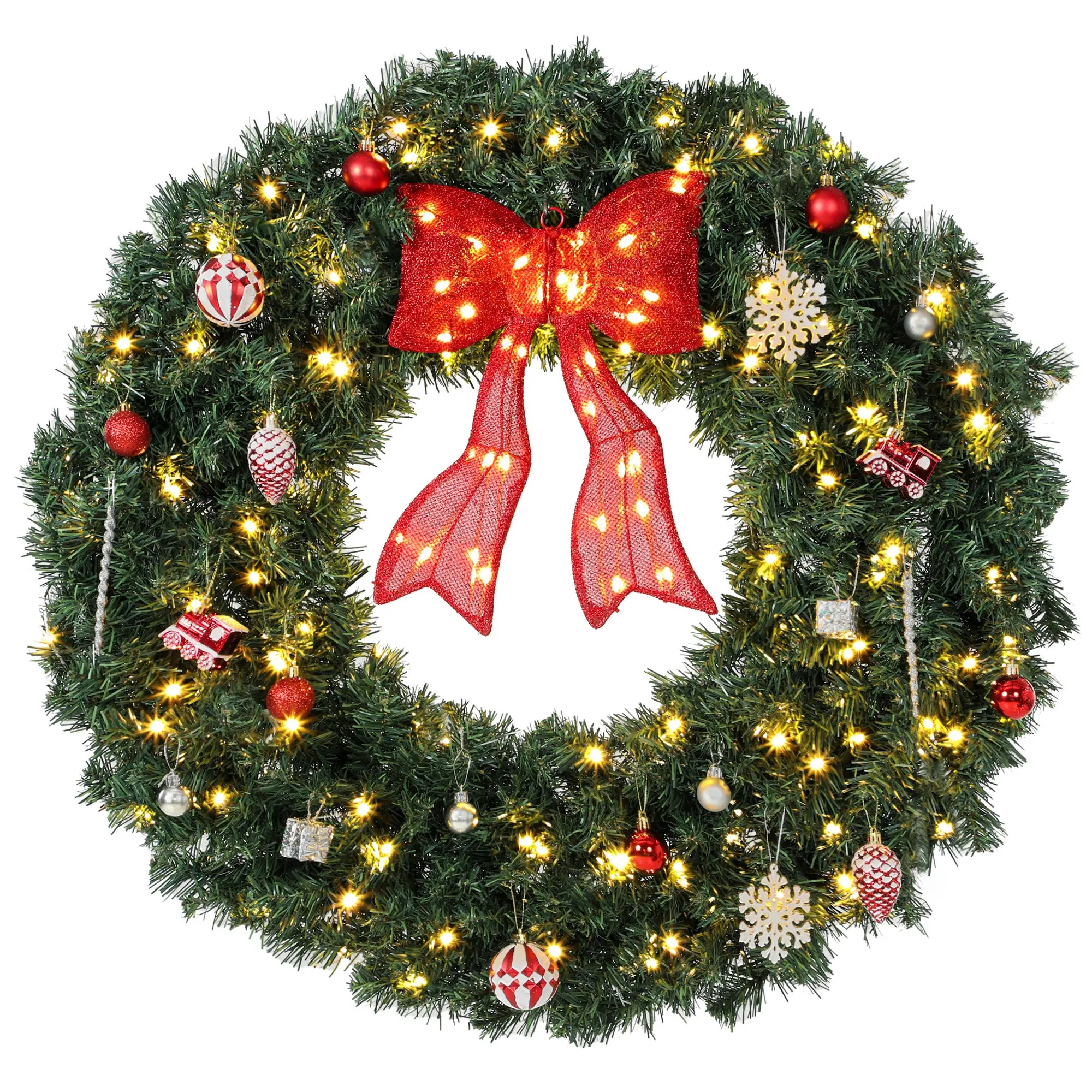 36in Pre-Lit Christmas Wreath with 130 LEDs, Lighted Bow & 21 Ornaments, Green