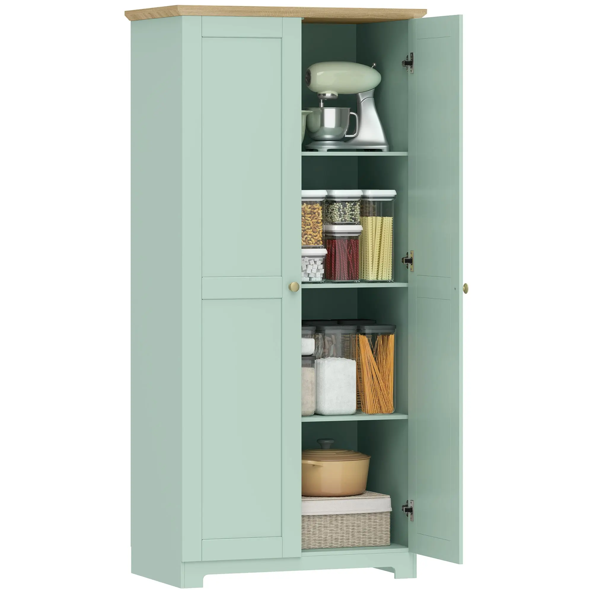 172cm Freestanding Kitchen Pantry Cupboard with 2 Doors and Shelves, Light Green