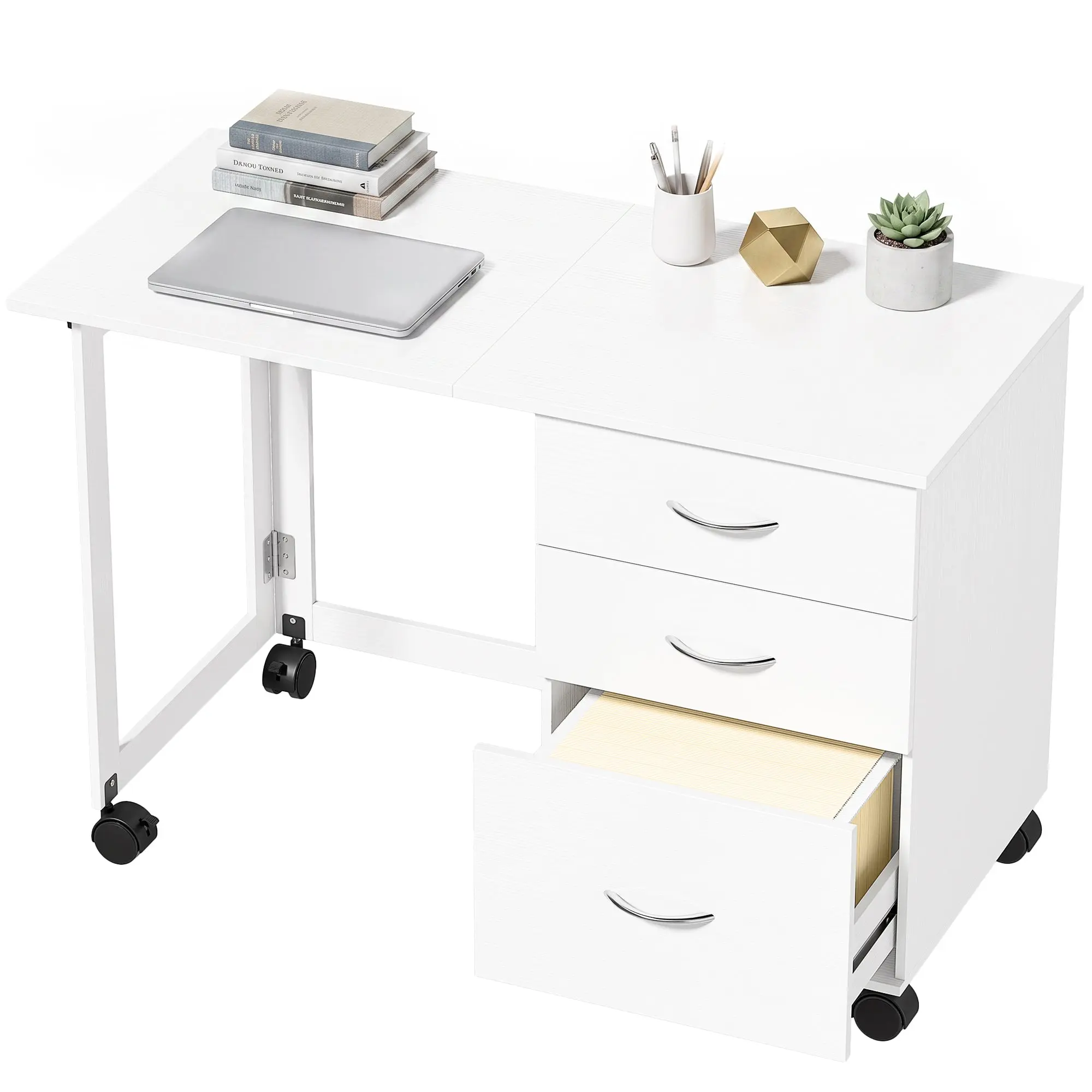 Foldable Computer Desk with 3 Drawers & 4 Locking Wheels, White Wood Grain