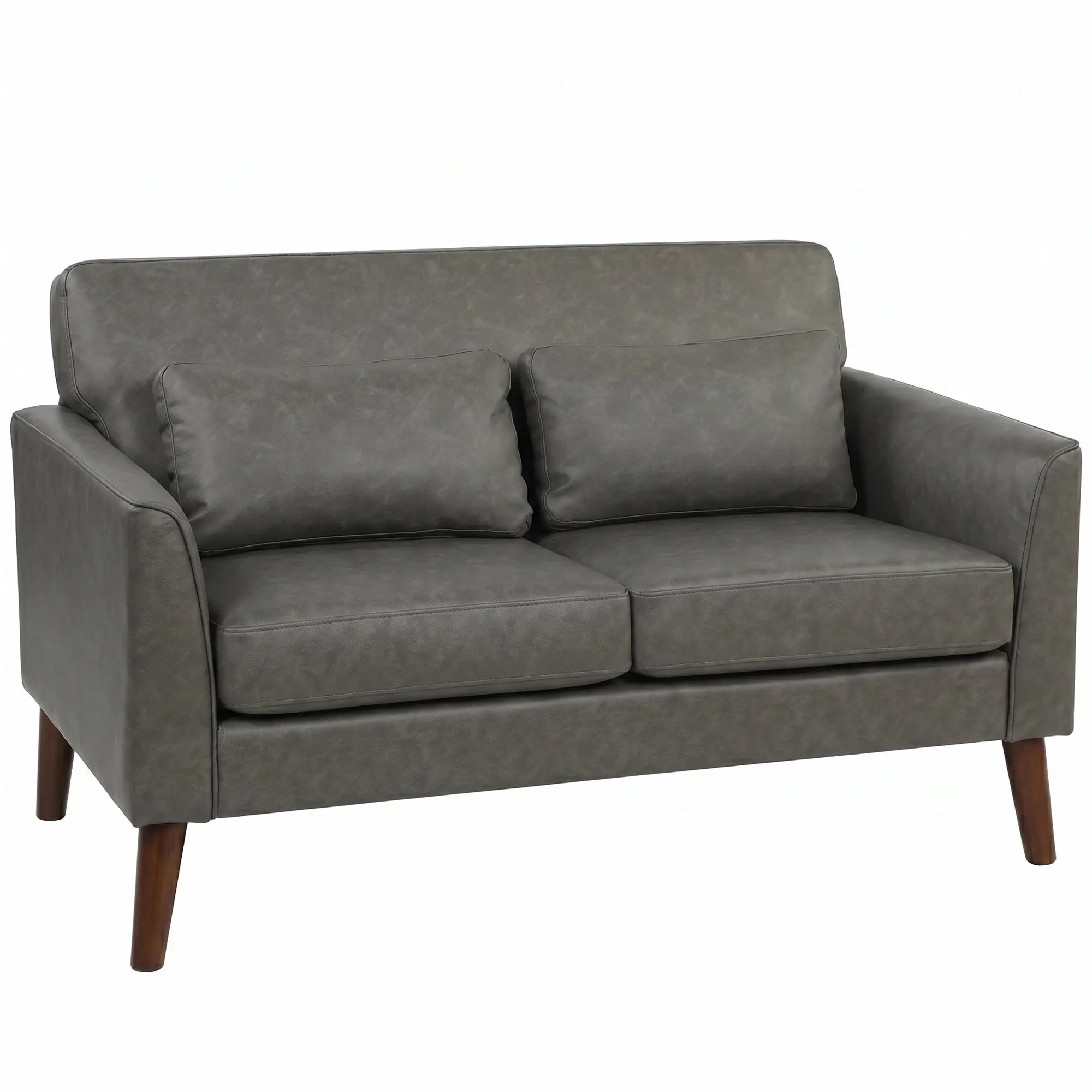2 Seater Sofa with Solid Wood Legs & PU Leather Upholstery, 132 cm Grey Loveseat for Small Spaces