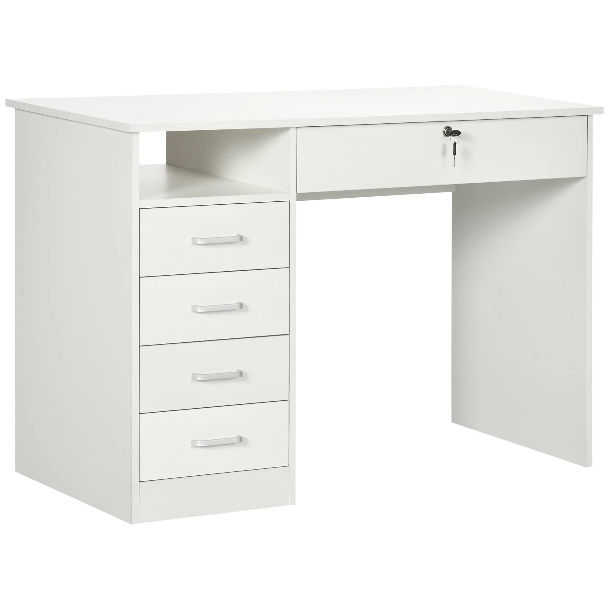 Home Office Desk with Drawers, Computer Desk with Lockable Drawer & Open Compartment, White