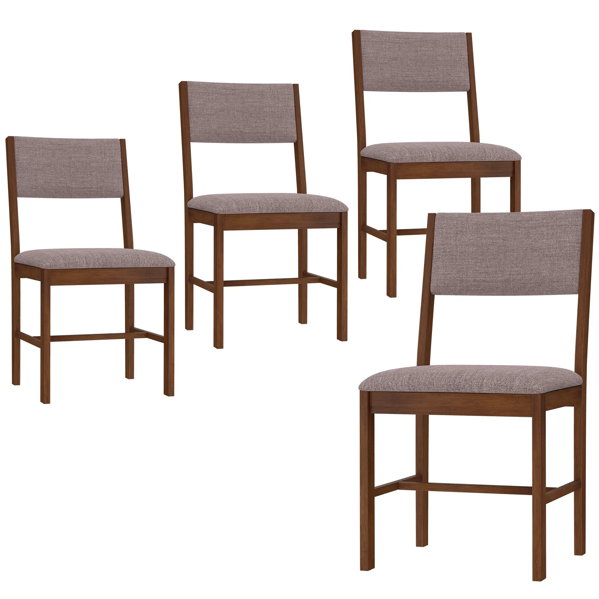 Set of 4 Linen Upholstered Dining Chairs with Rubberwood Legs in Brown