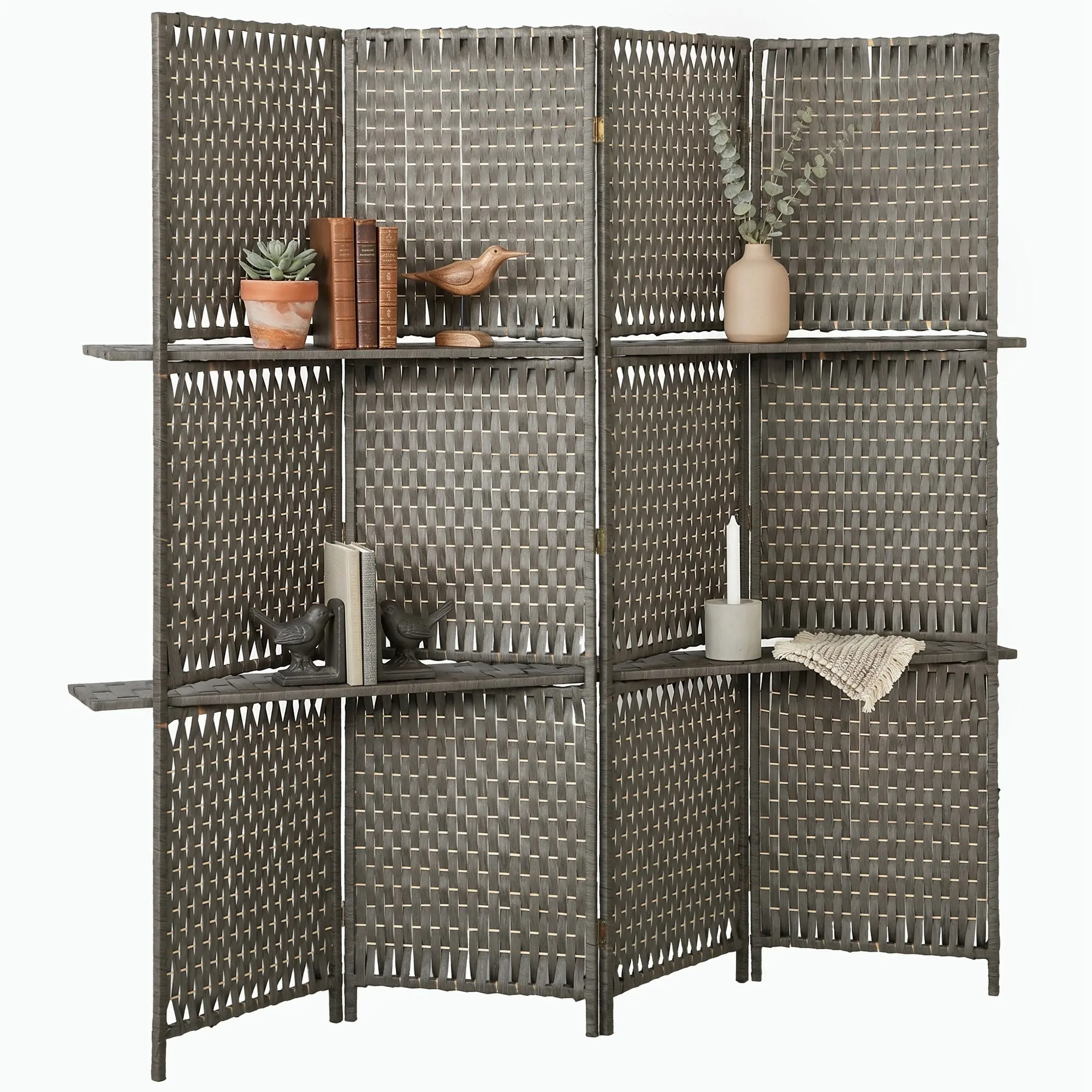 4-Panel Freestanding Room Divider with Shelves, Wave Fibre Folding Privacy Screen for Bedroom or Office, 180 cm - Grey