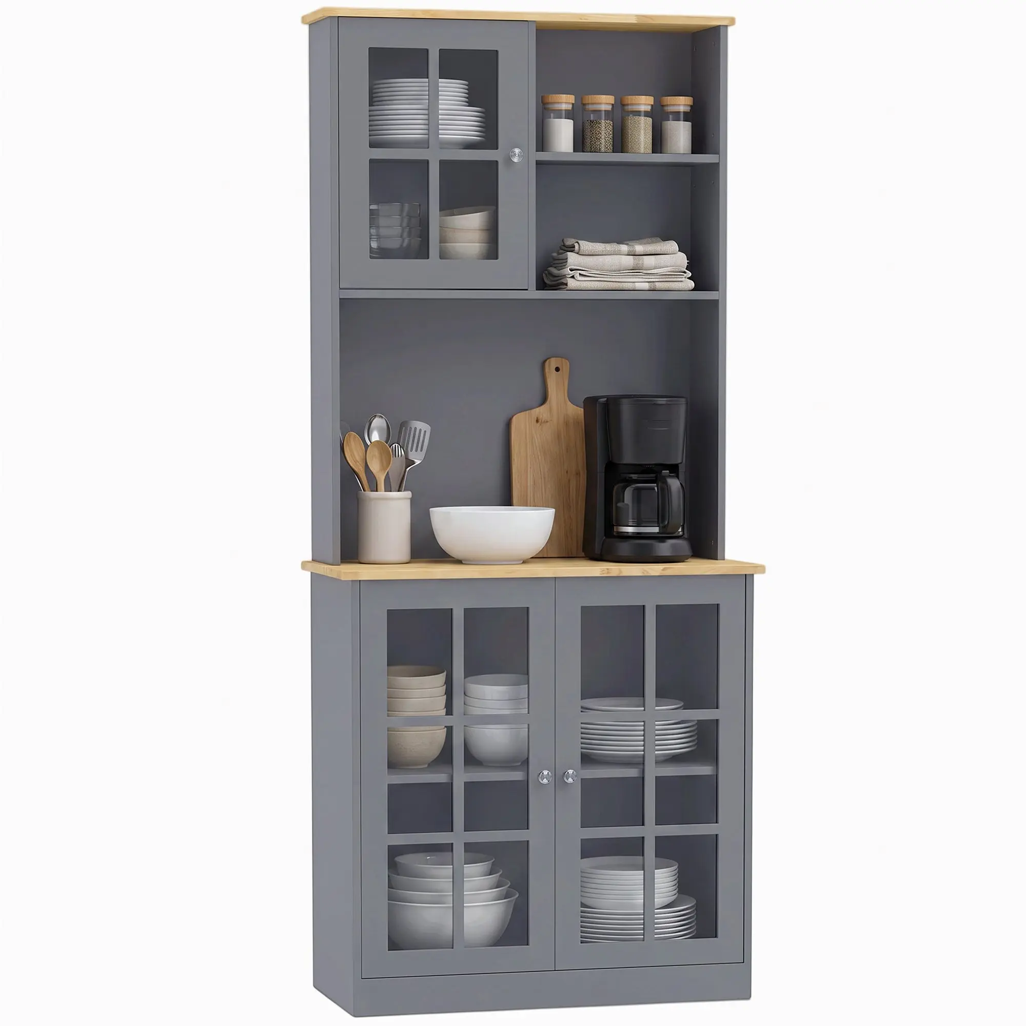 Kitchen Pantry Hutch with 3 Cabinets, 2 Open Shelves & a Countertop, Grey