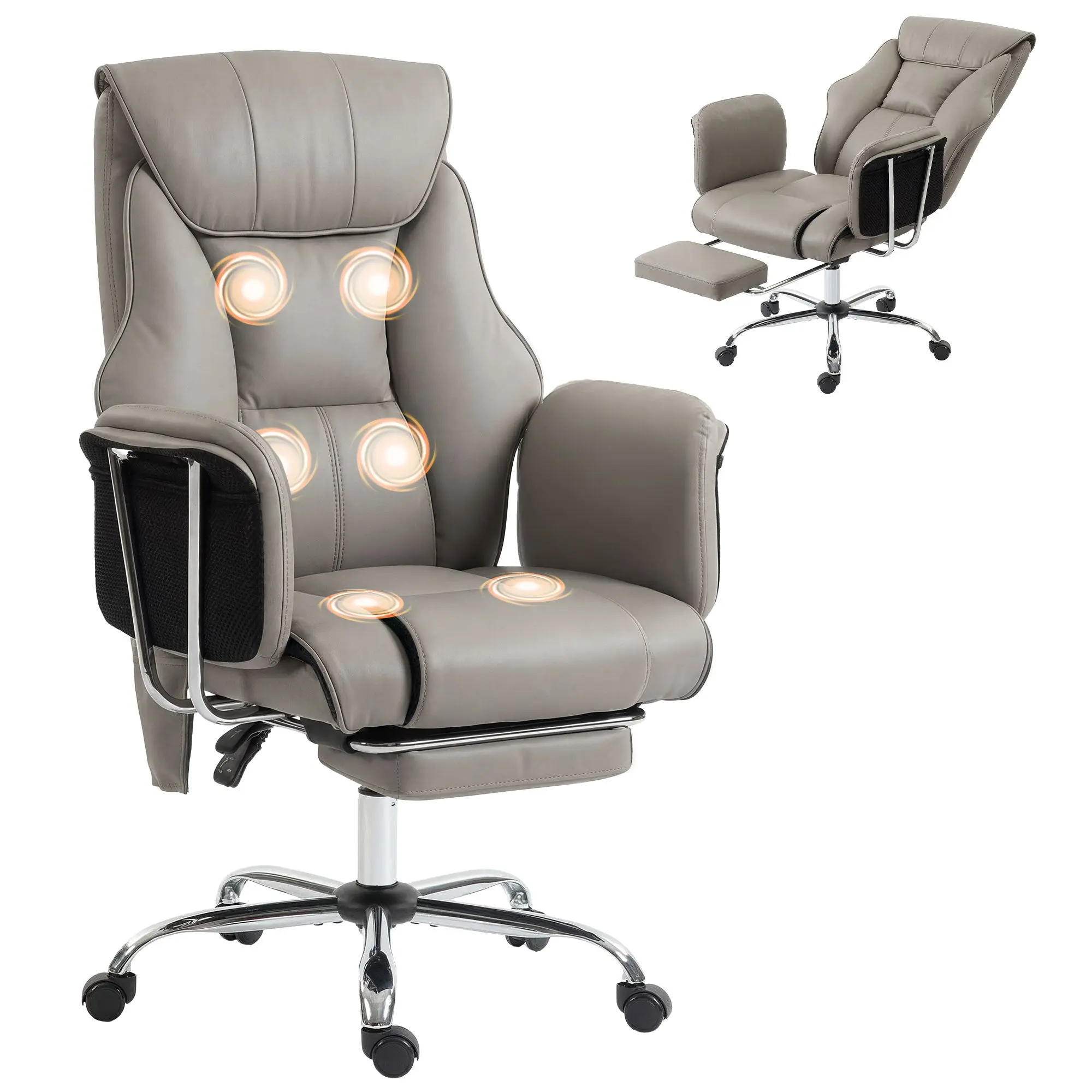 Massage Office Chair with 6-Point Vibration, High Back, Footrest, Leather, Gray
