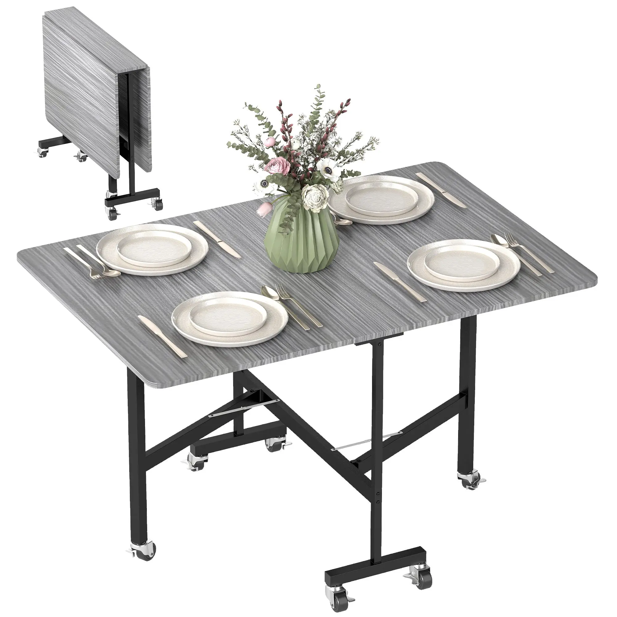 47.2" Drop-Leaf Dining Table with 6 Wheels & Brakes for Small Spaces, Grey