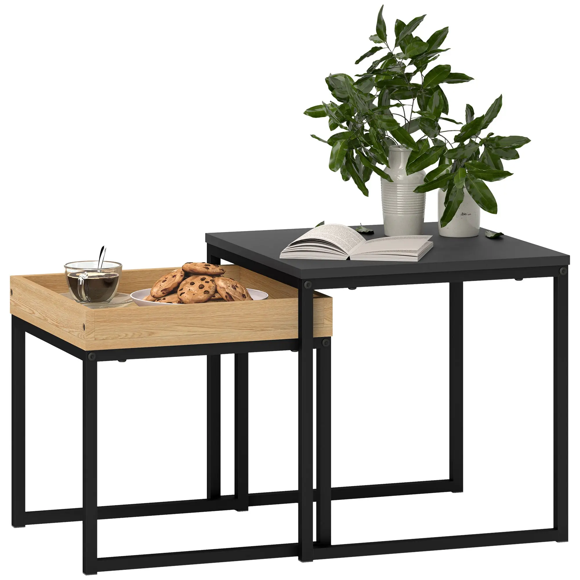 Nesting Coffee Table Set of 2, Square Sofa Side Tables with Steel Frame, Small Space, Black