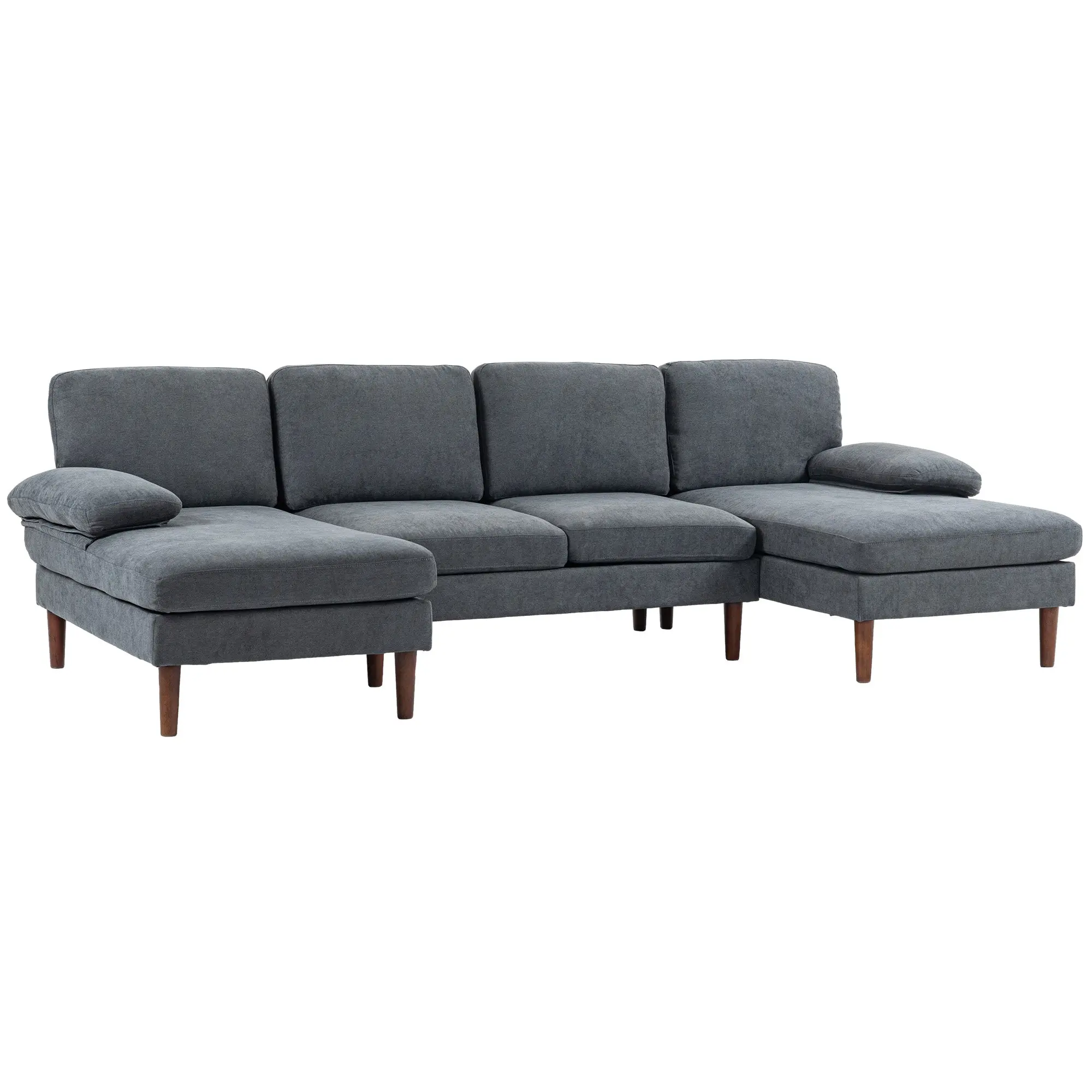 4-Seater U-Shape Sectional Sofa with Double Chaise Fabric Upholstery, Dark Grey