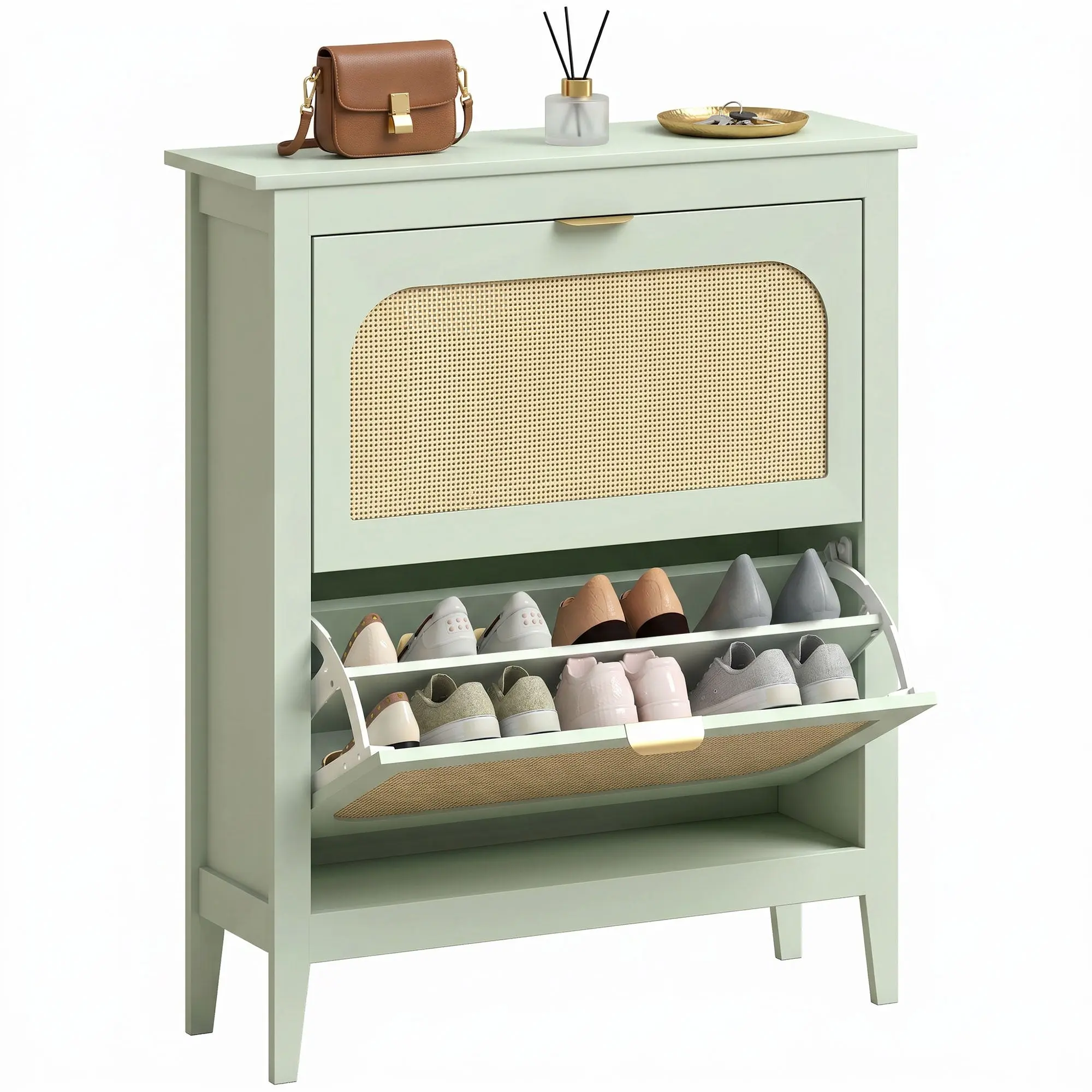 Slim Boho Shoe Storage Cabinet with 2 Flip Drawers & Rattan Doors, Holds 14 Pairs, Light Green