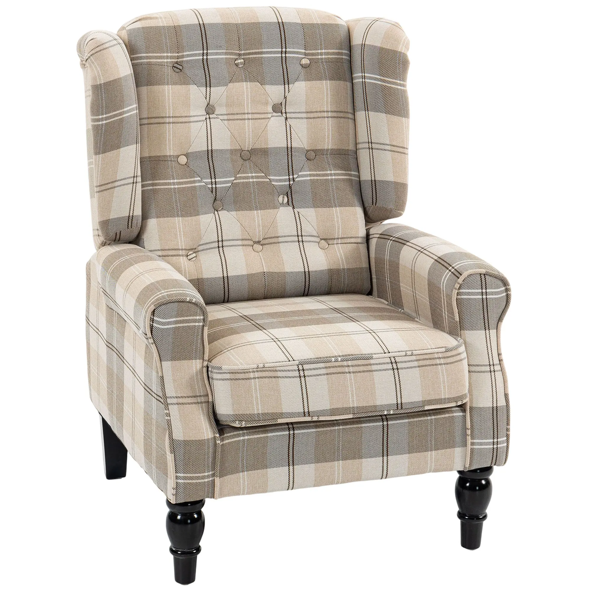 Wingback Accent Chair with Thick Spring Cushion & Solid Wood Legs, Retro Button-Tufted Linen-Look Fabric, Khaki Plaid