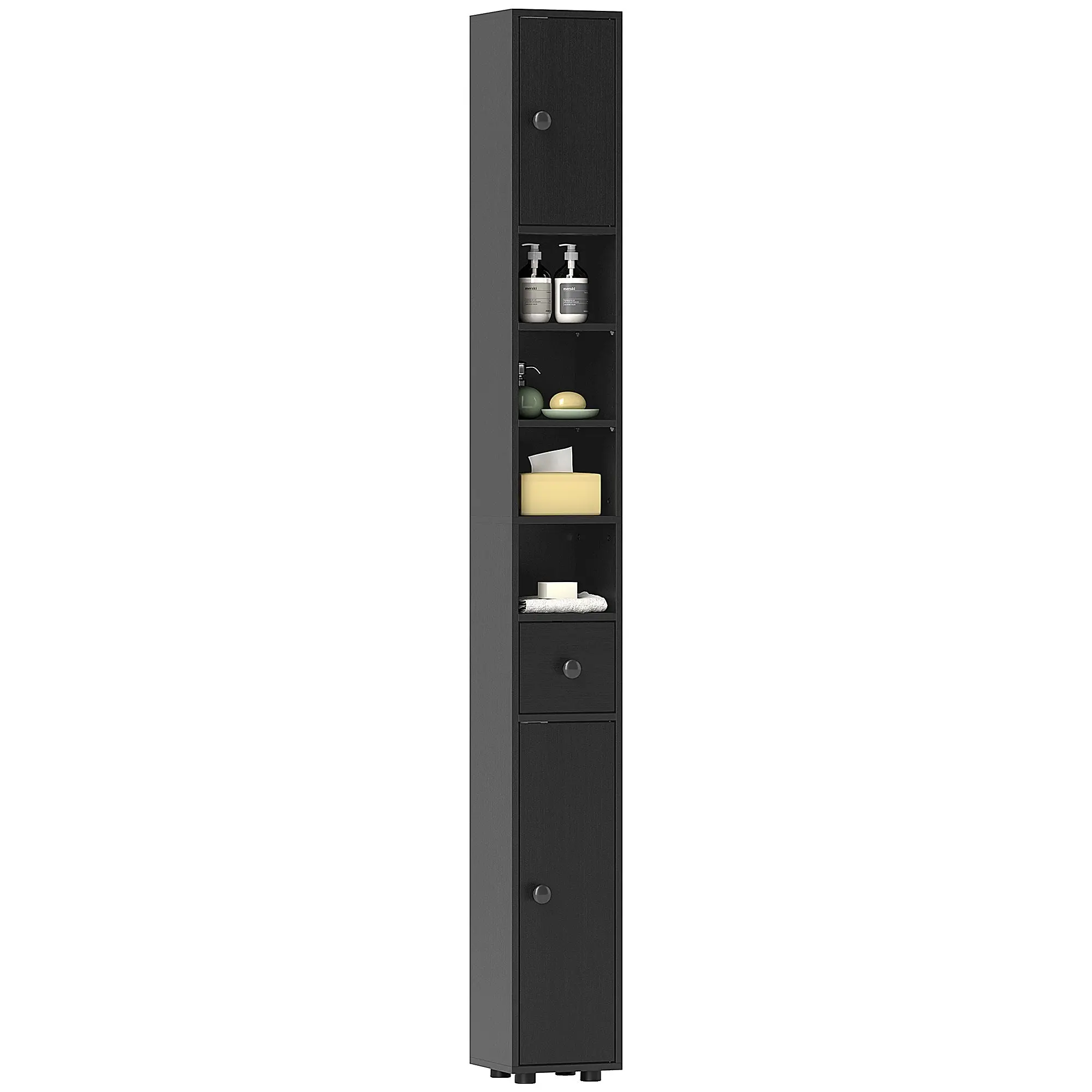 71" Tall Slim Storage Cabinet, Linen Tower w/ Drawer, Open Shelves & 2 Door Cabinets, Black