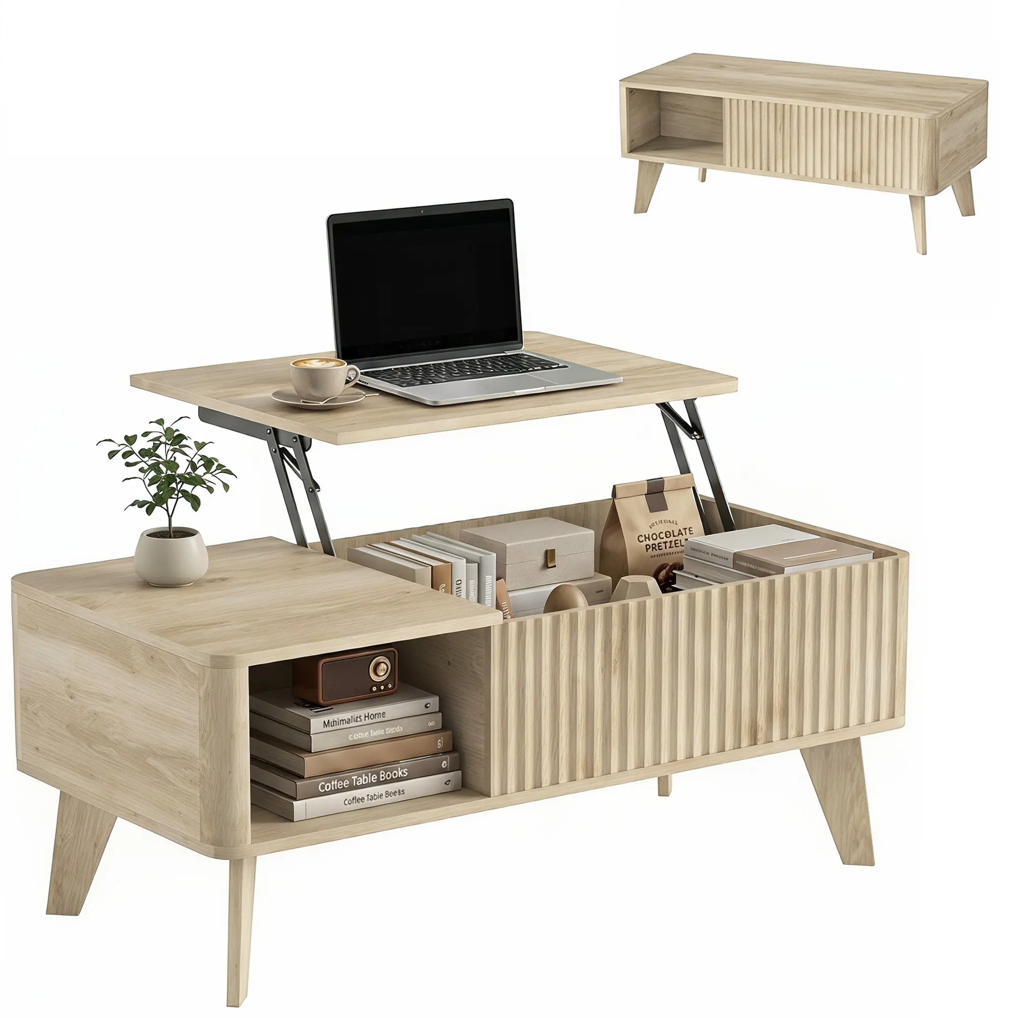 40" Fluted Lift-Top Coffee Table with Hidden Compartment and Open Shelf, Oak