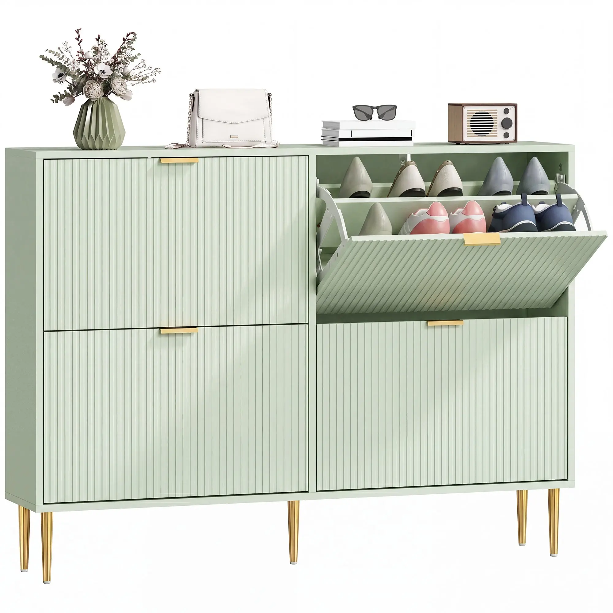 Slim Shoe Cabinet with 4 Flip Drawers, Fluted Doors, Holds 10-20, Light Green