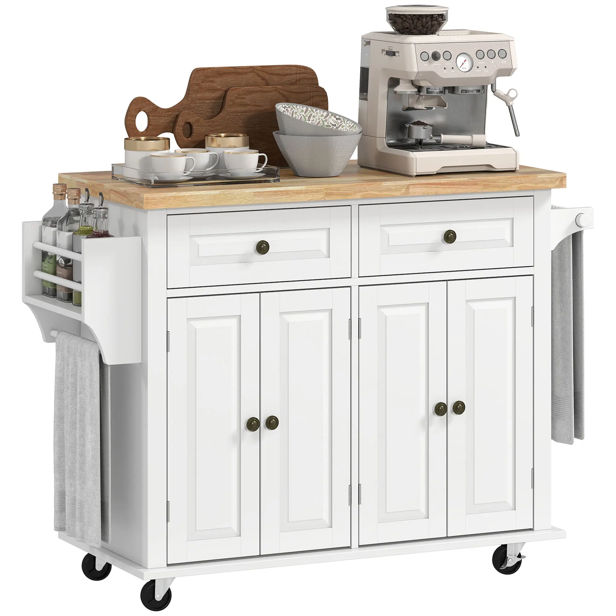 GlideSpace 44"W Butcher Block Cart, Movable Kitchen Island with Cabinets, White