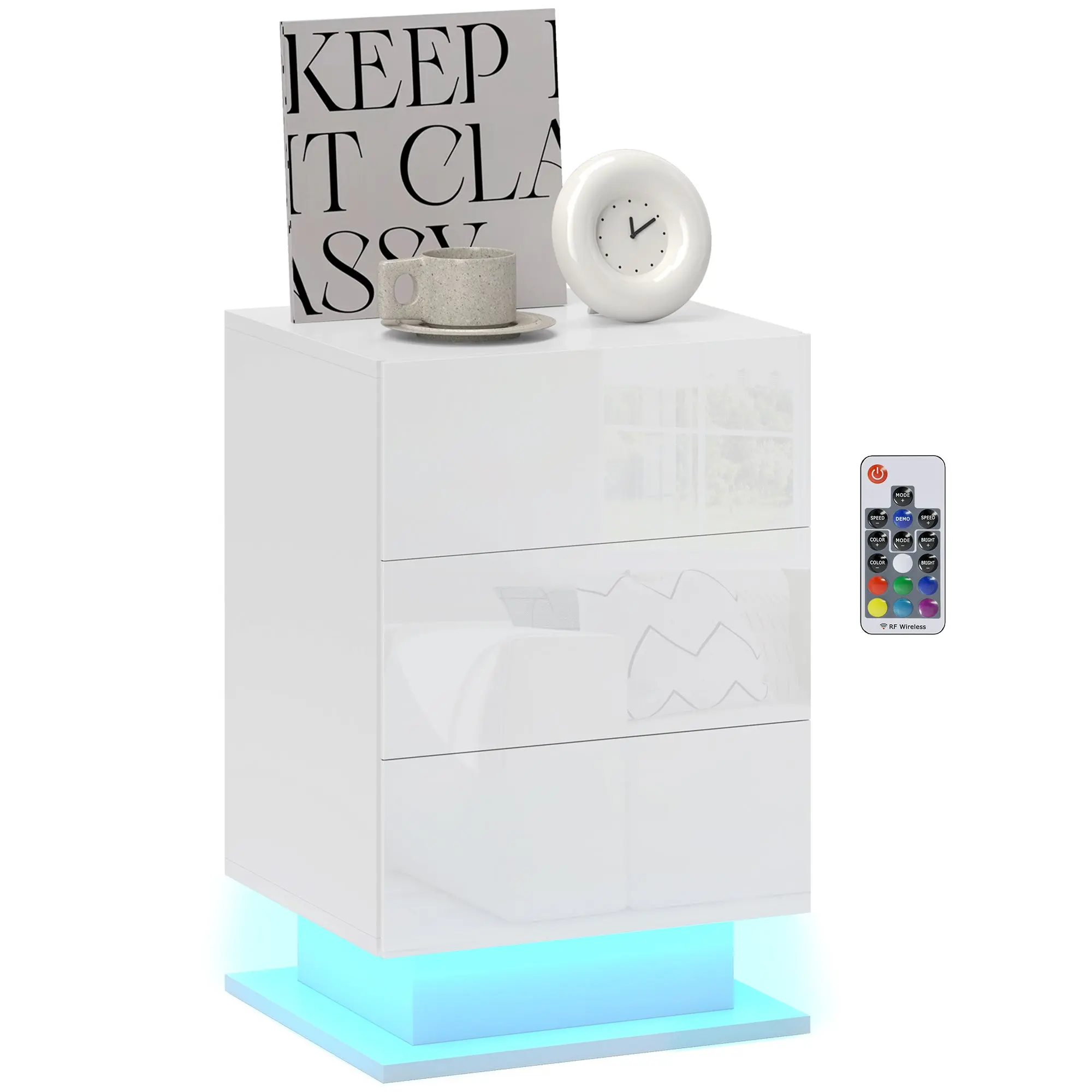 LED Nightstand with Adjustable Lighting & 3 Drawers, 40x35x60cm, Glossy White