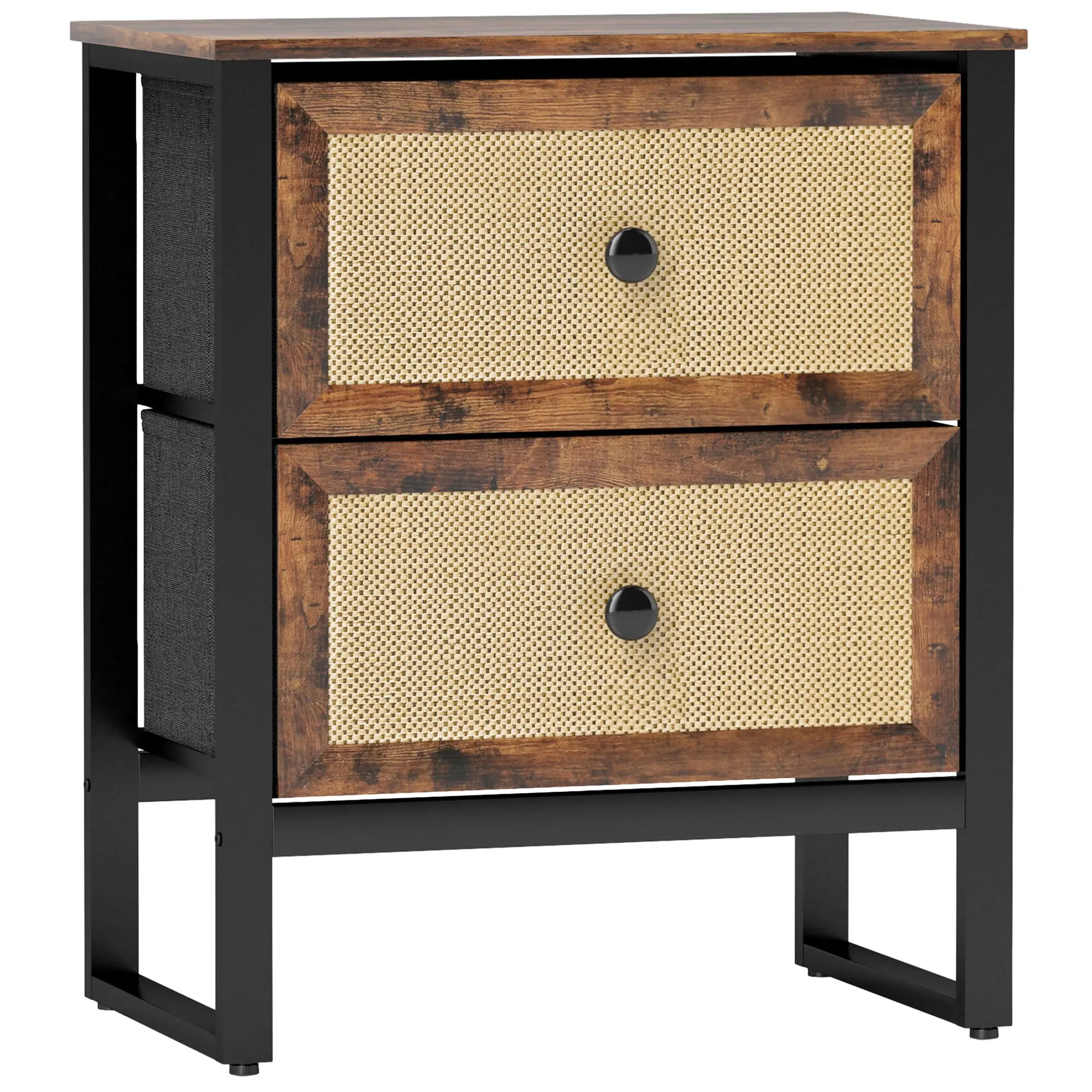 Bedside Table with 2 Woven Rattan Drawers and Steel Legs, Rustic Brown