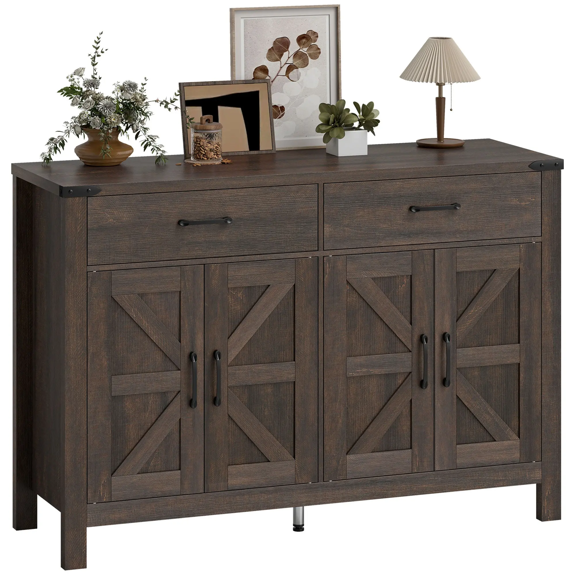 Farmhouse Sideboard Buffet Cabinet with 4 Doors, 2 Drawers & 2 Adjustable Shelves, Dark Brown