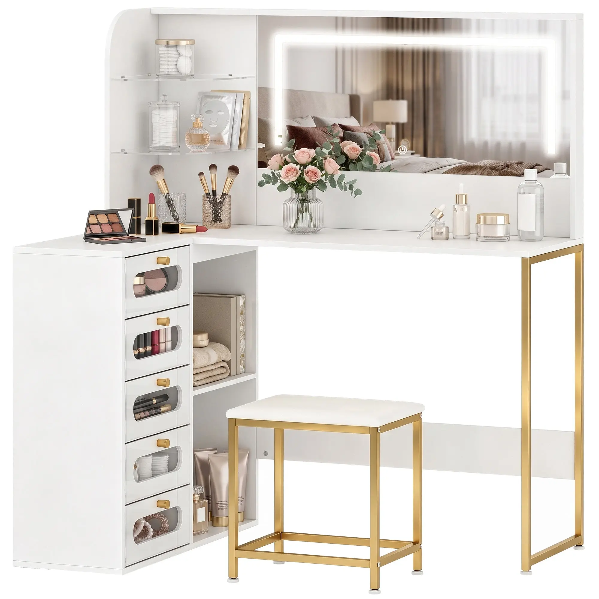 L-shaped Vanity Desk with LED Mirror & Stool, 5 Drawers, 120x80x135 cm, White