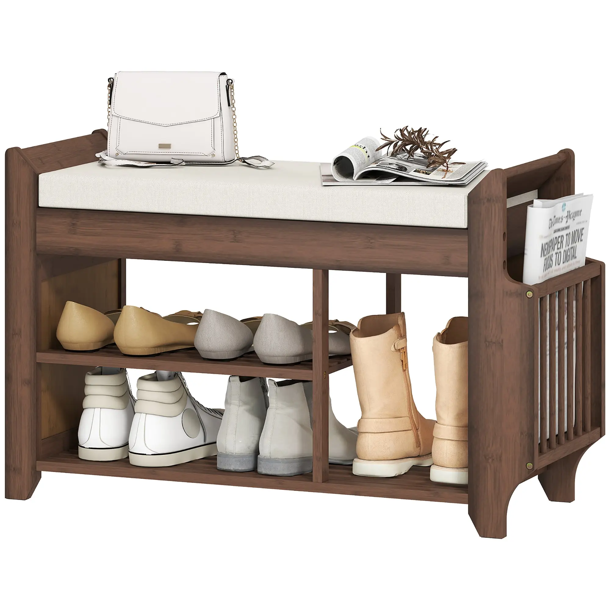 2-Tier Bamboo Shoe Bench with Padded Seat & Boot Storage, Dark Brown and Cream