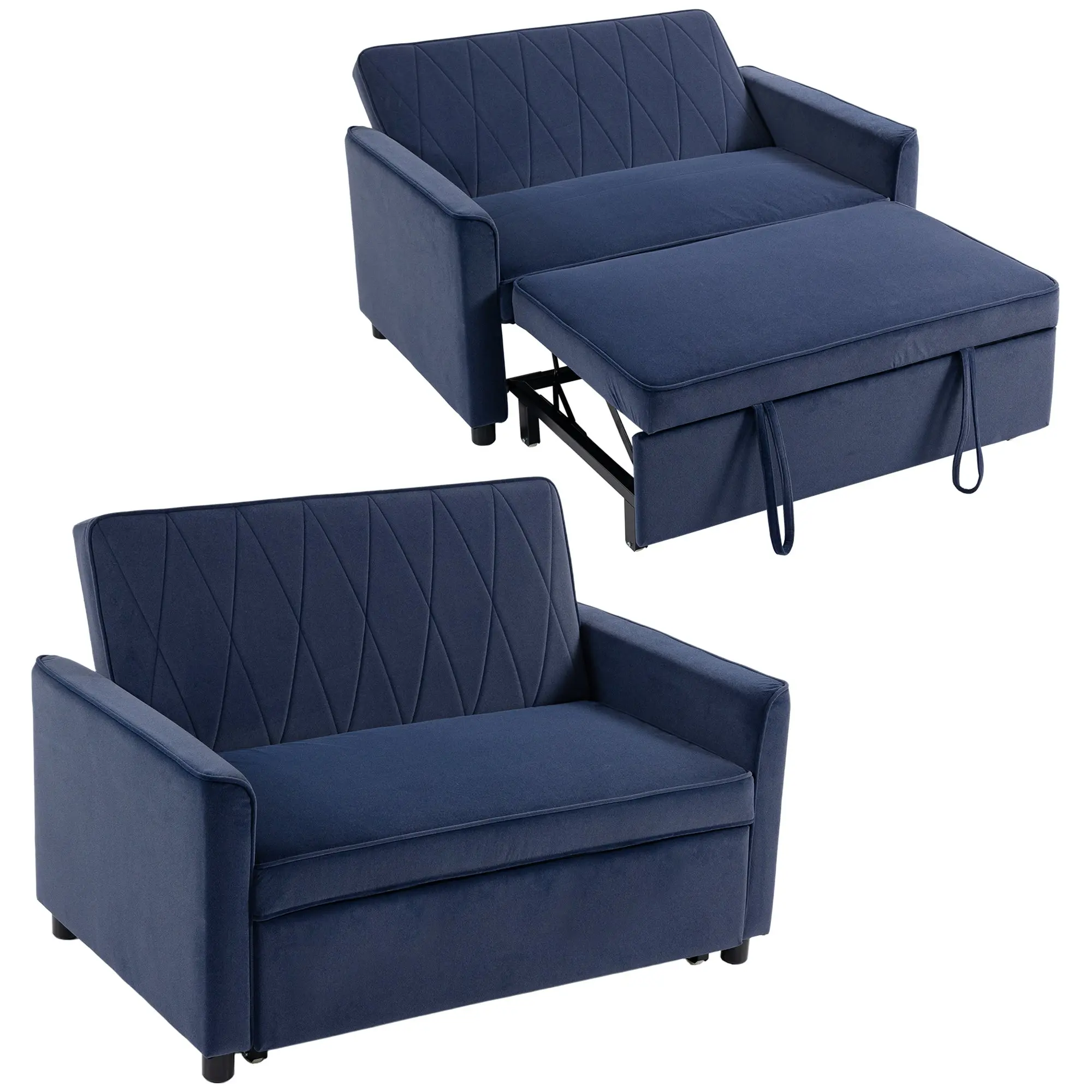 3-in-1 2-Seater Velvet Sofa Bed with Adjustable Clik-Clack Backrest, Dark Blue