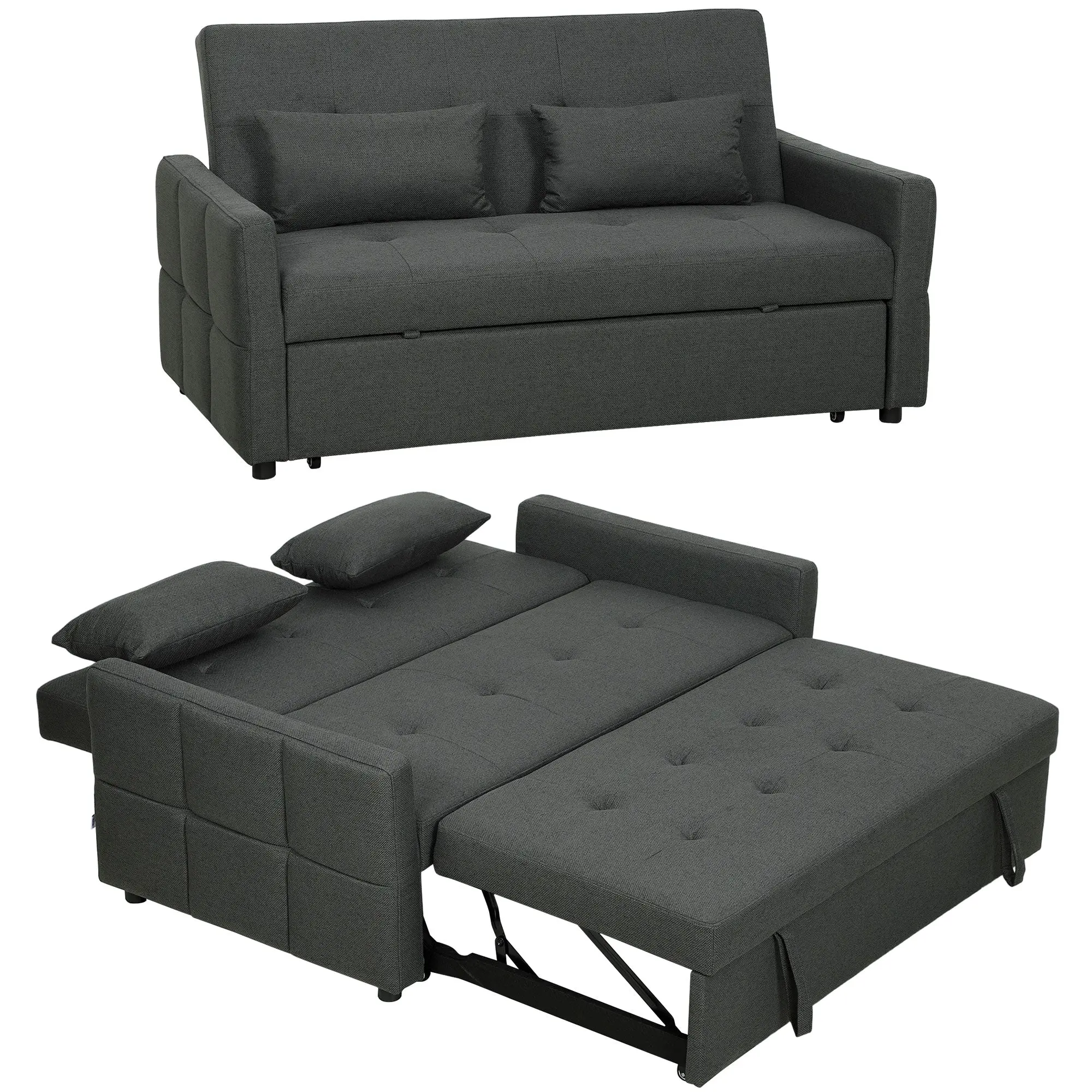 2 Seater Sofa Bed, Click Clack Sleeper Sofa with Pull Out Design, Linen Convertible, 137x179cm, Charcoal Grey