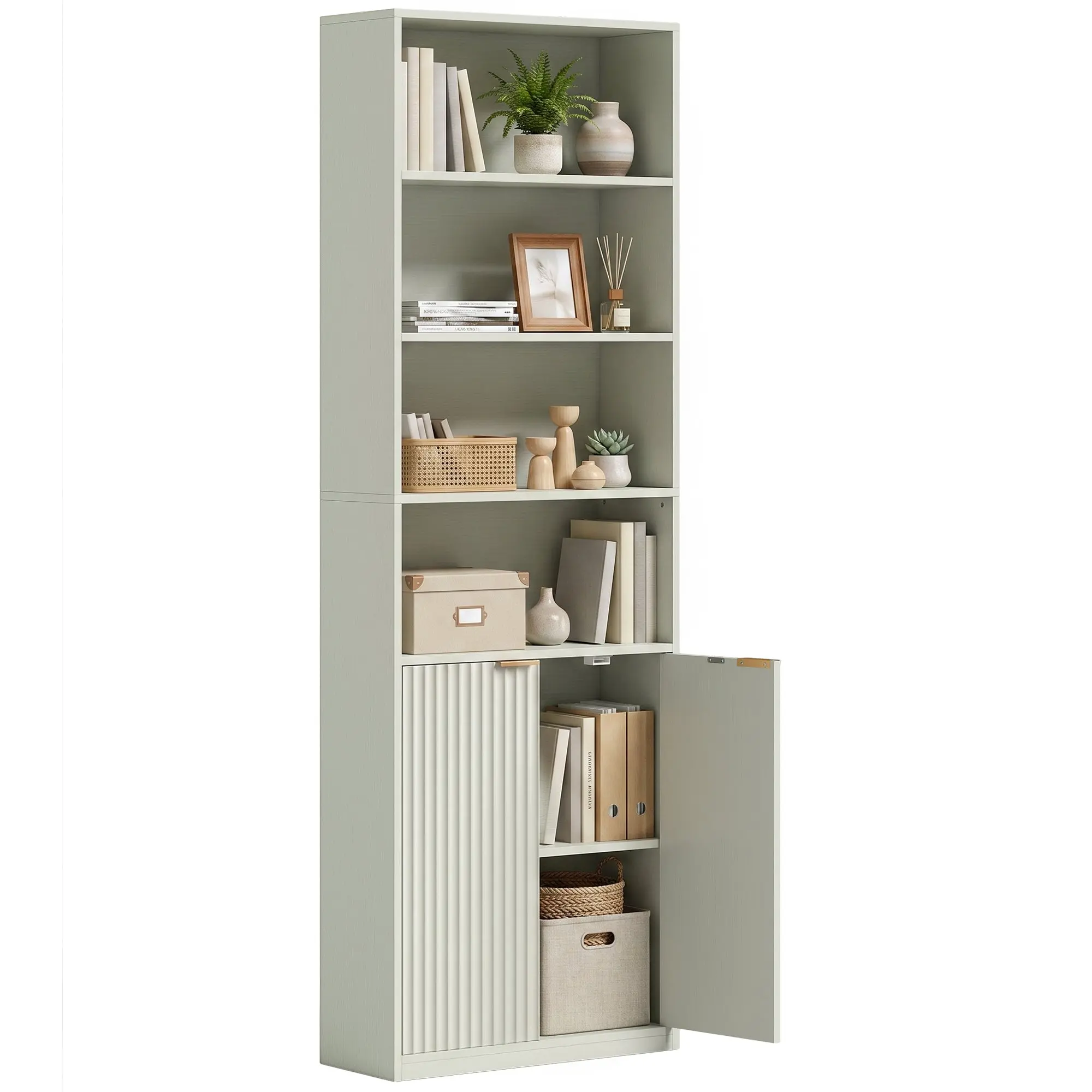 60 x 24 x 182 cm 6-Tier Bookcase with Cabinet, Adjustable Shelves, Light Green