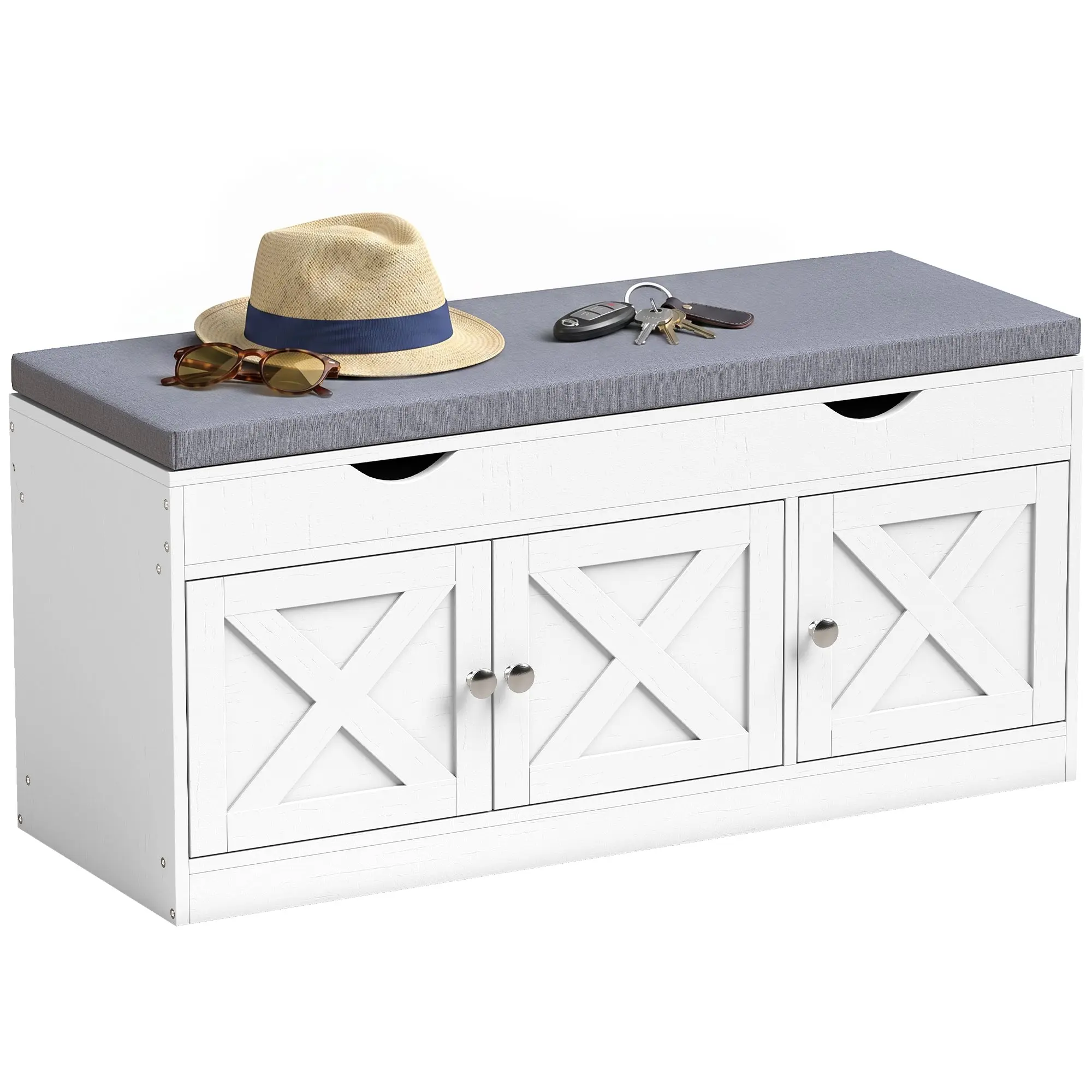Entryway Shoe Bench with Padded Cushion, 3-Door Adjustable Shelves, White