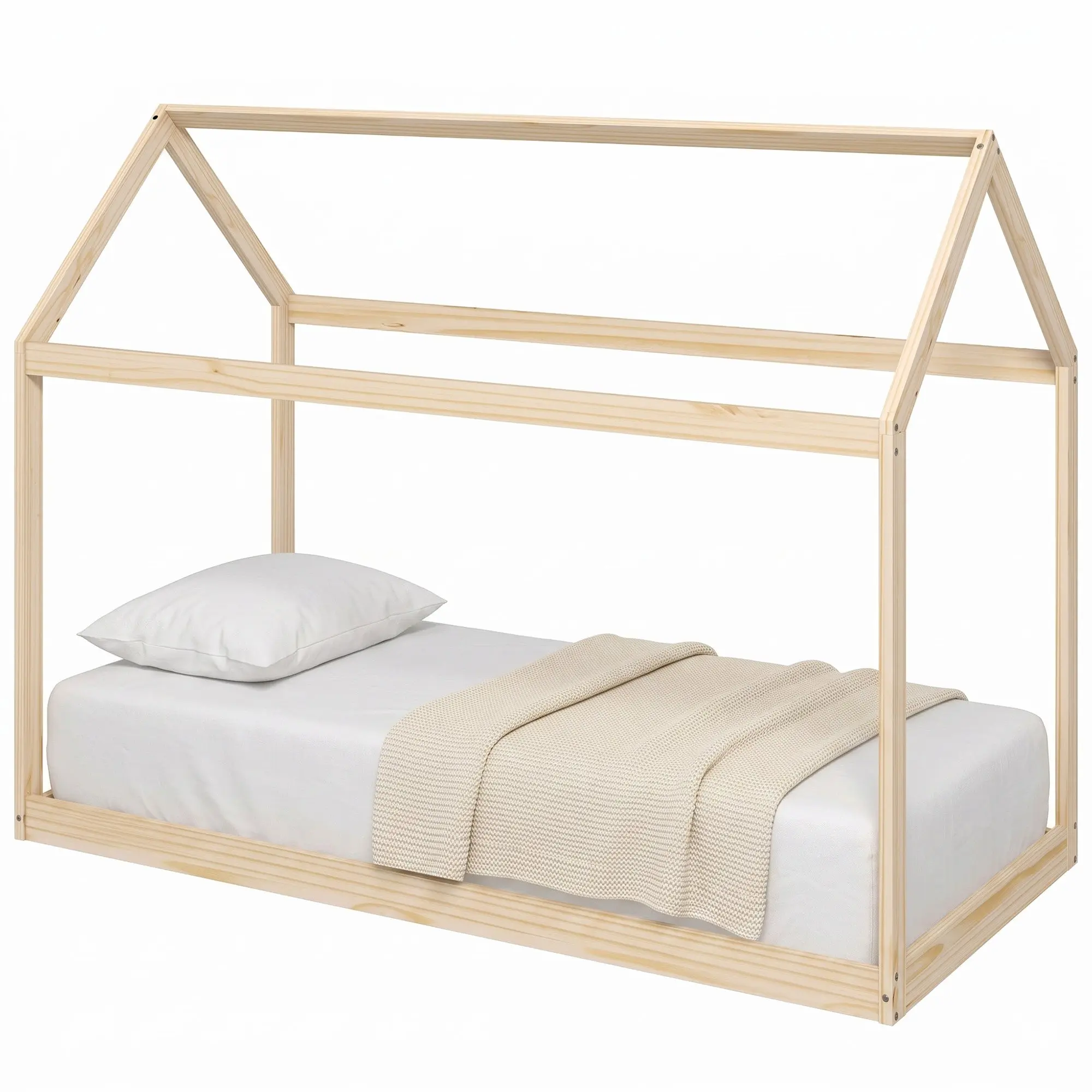 Scandinavian Wooden Single Bed Frame with Natural Pine Finish for 90W x 190D cm Mattress