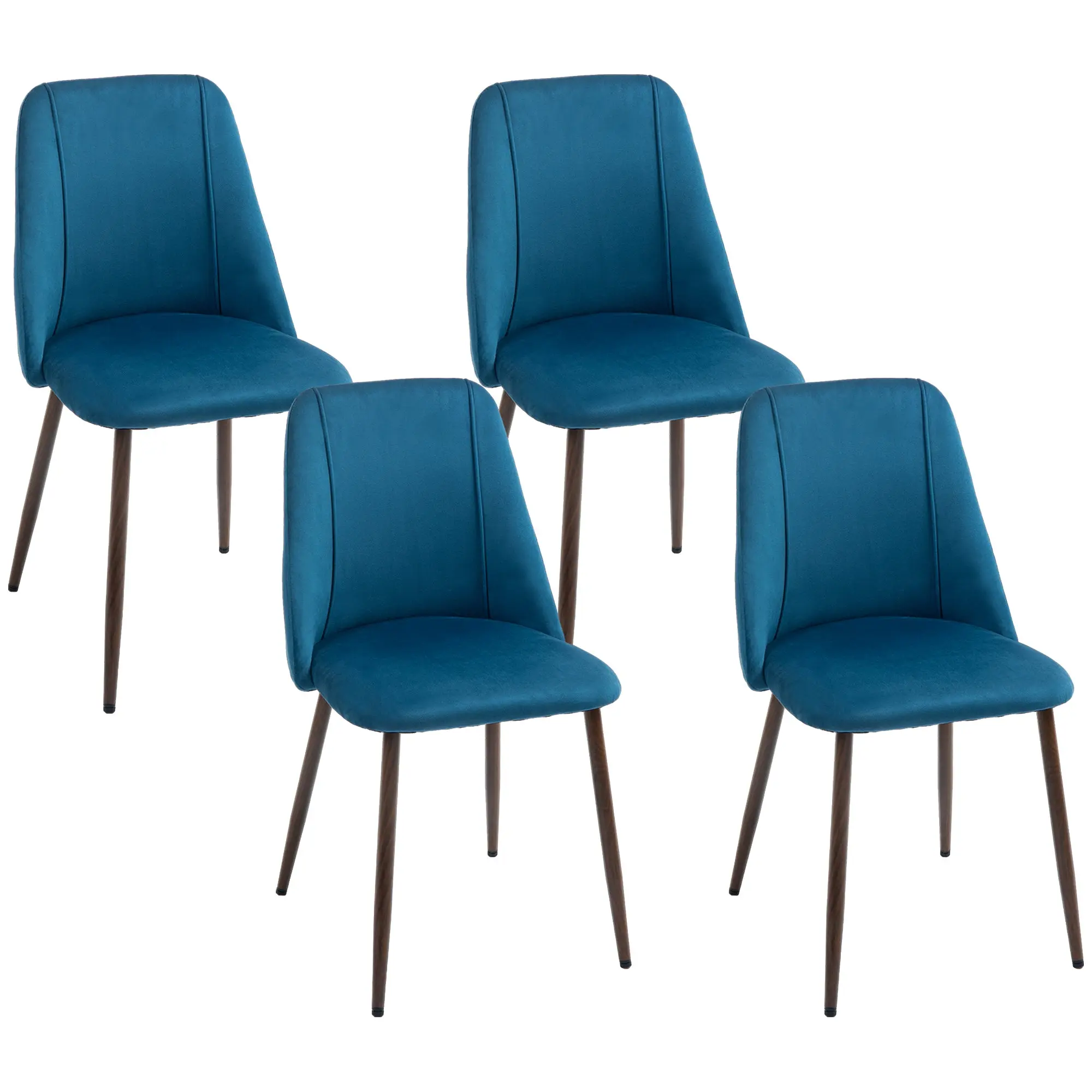 Set of 4 Velvet Dining Chairs with Wood-Grain Steel Legs, Dark Blue
