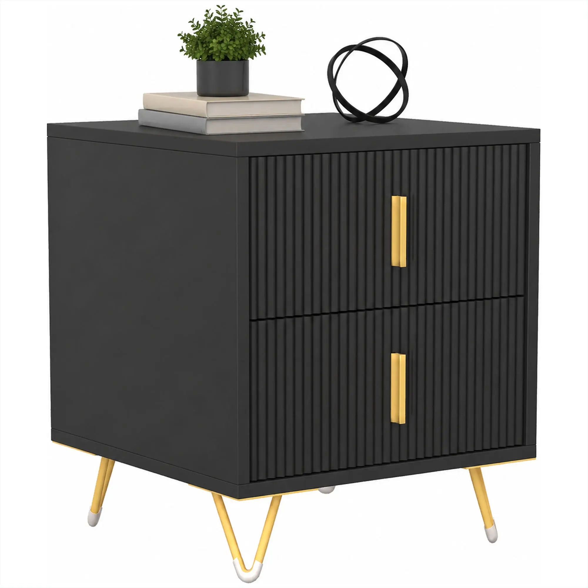 Small Fluted Nightstand with 2 Drawers and Hairpin Legs for Bedroom, Black