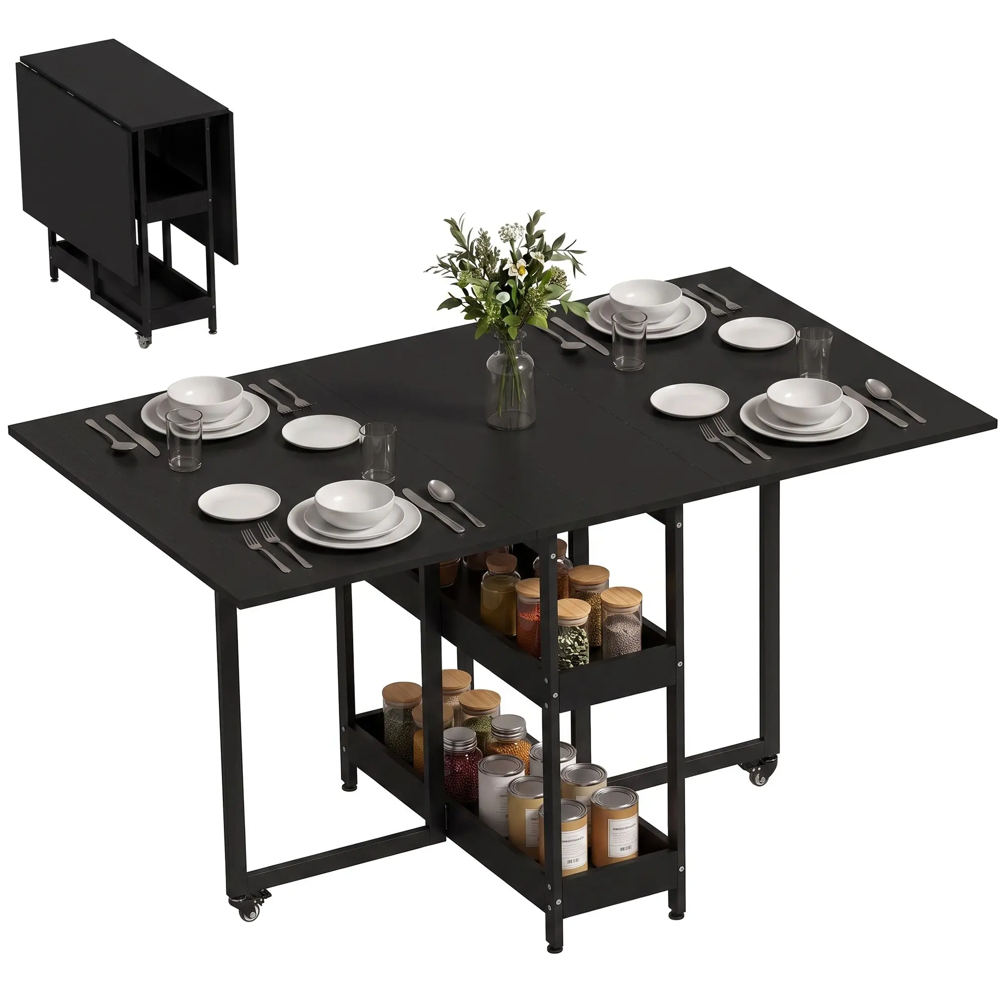Space-Saving Drop-Leaf Dining Table for 4 with Storage Shelves & Wheels, Black