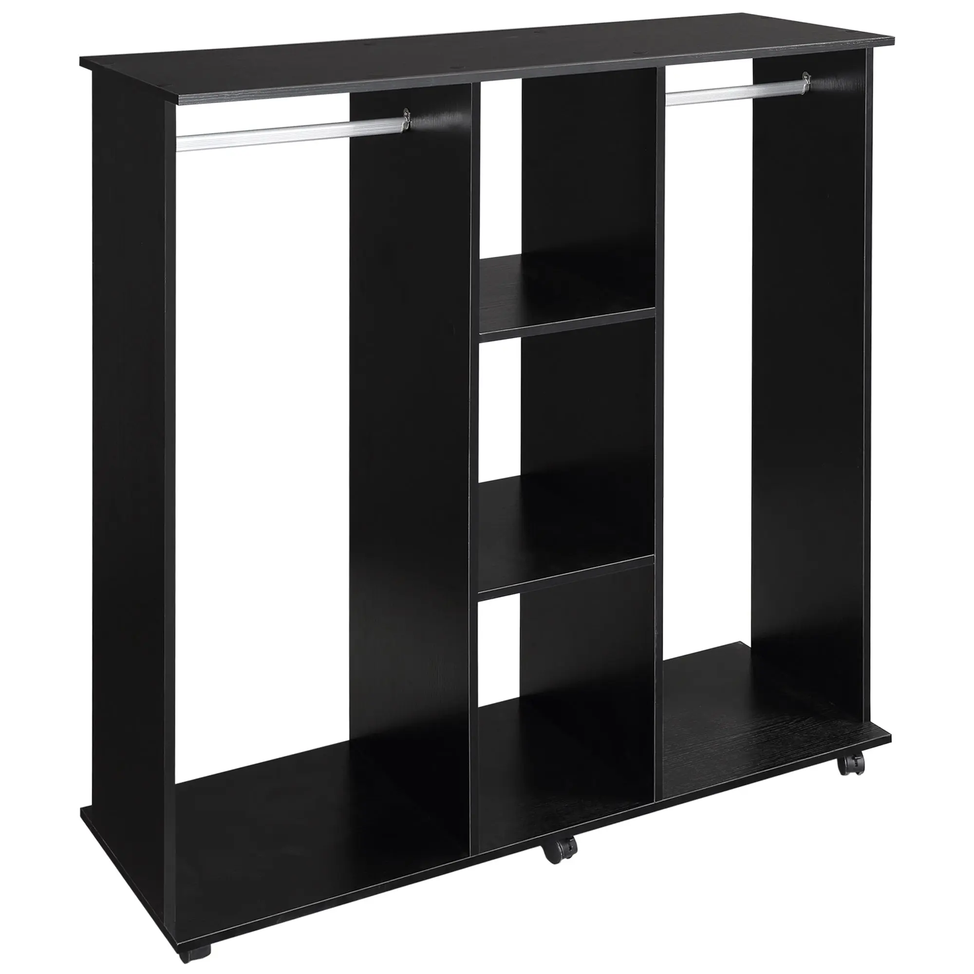 Double Open Wardrobe on Wheels with Clothes Rail, 3 Storage Shelves for Cloakroom, Black