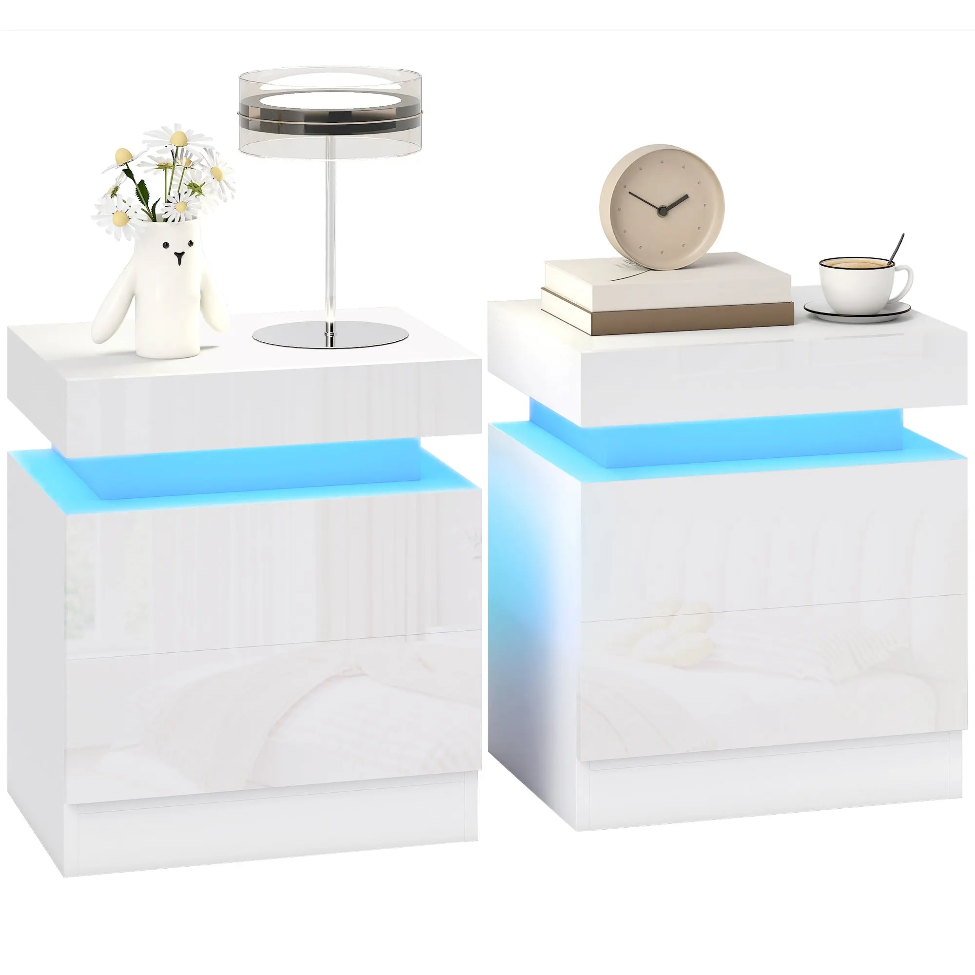 High Gloss White Bedside Table with APP-Controlled RGB LED Light & 2 Drawers, Set of 2