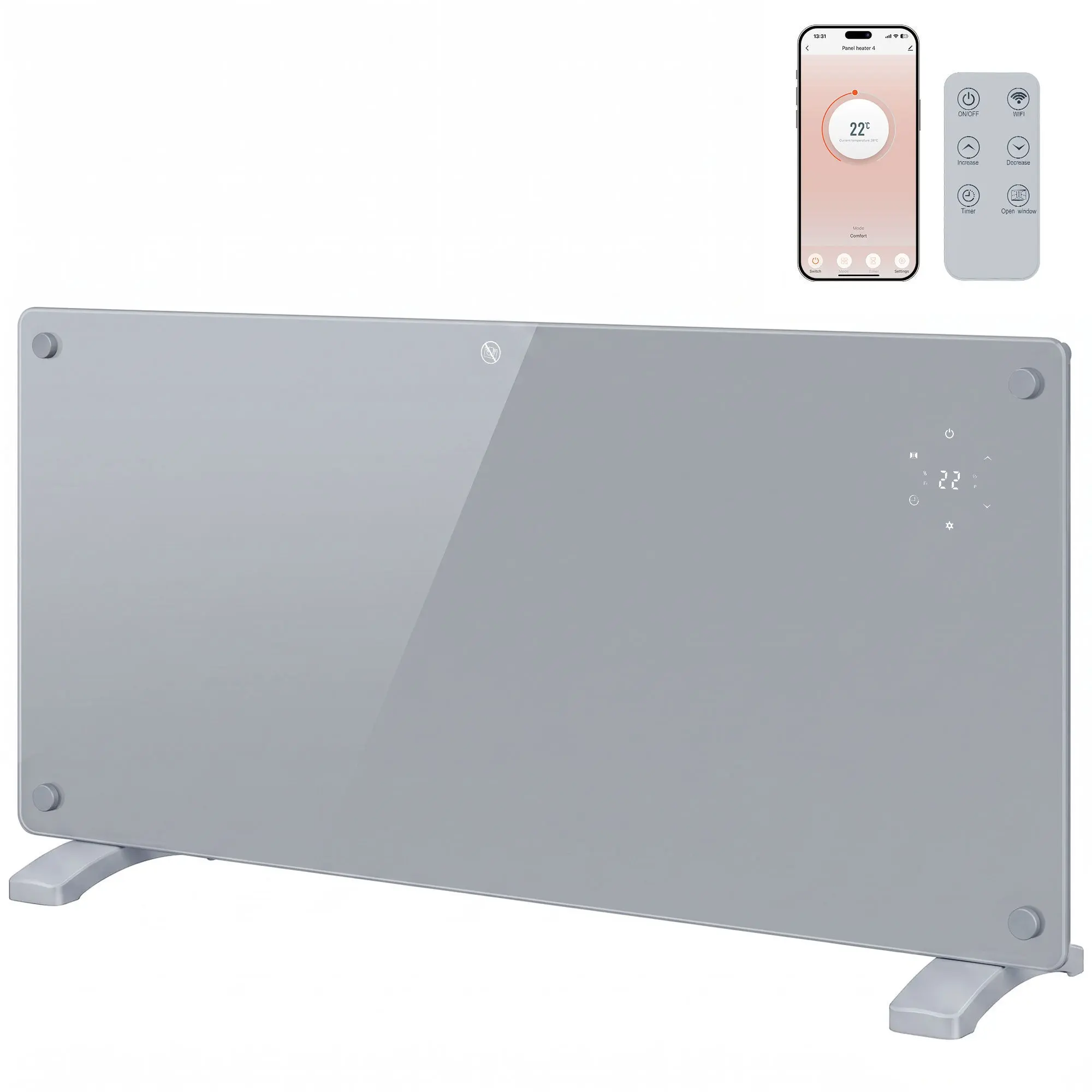 2000W Smart Panel Heater with WiFi and Timer, Wall Mount or Freestanding, Grey