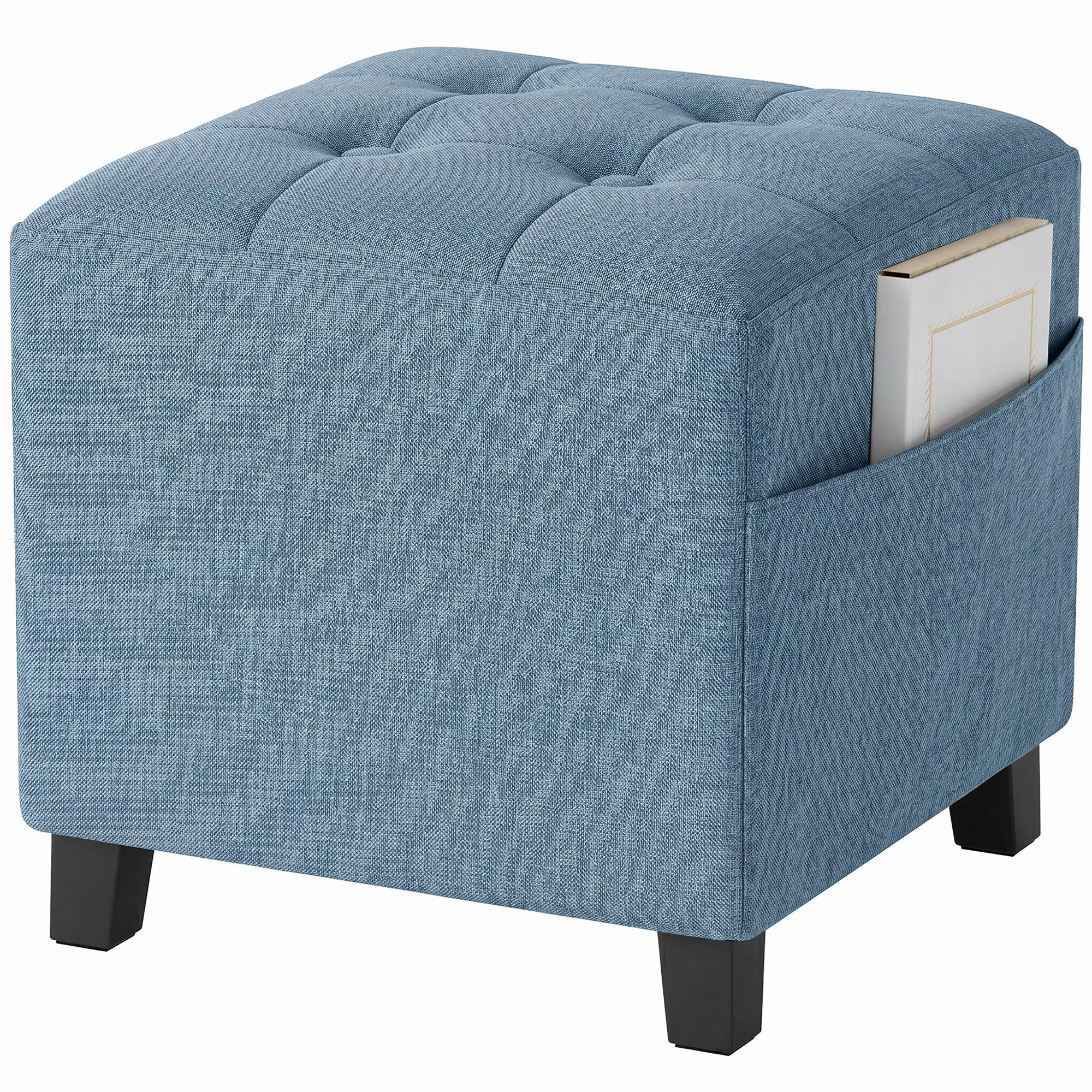 Square Ottoman with Side Pocket, Padded Linen-look Seat & Rubber Wood Legs, 35 x 35 x 35 cm, Dark Blue