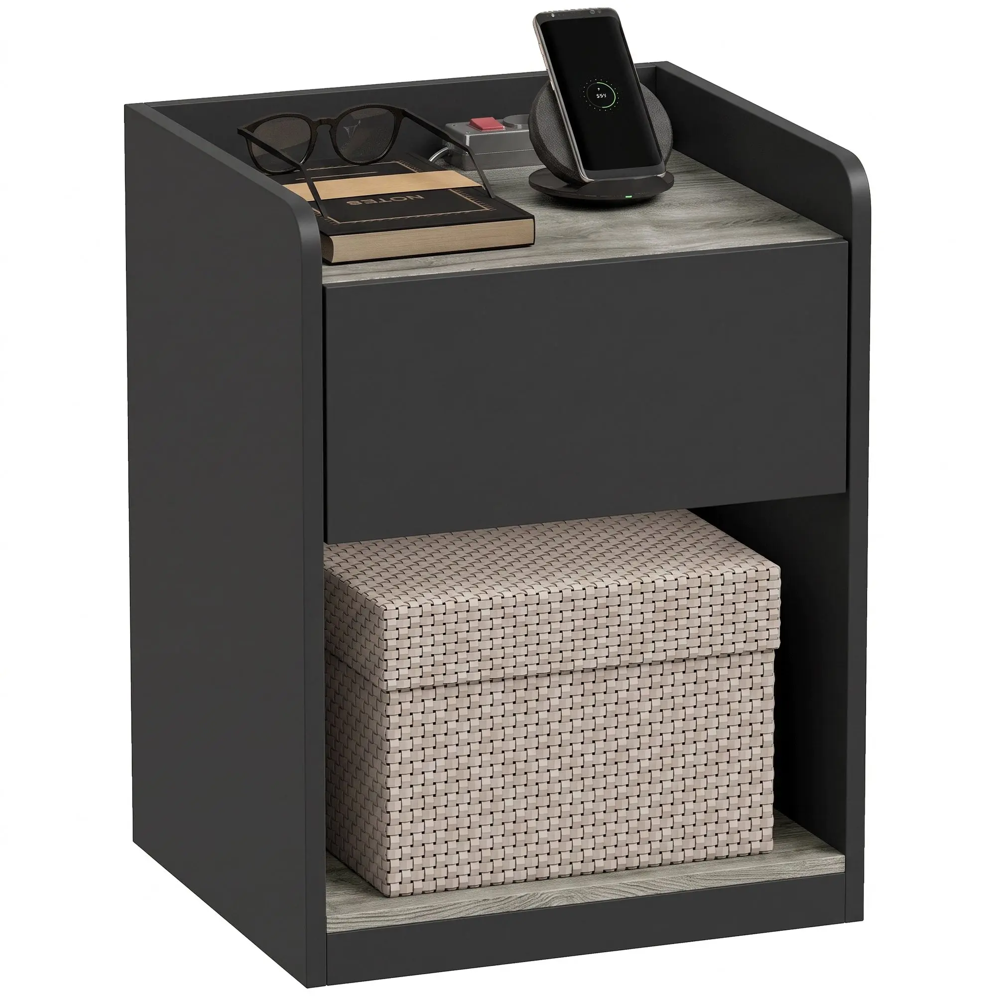 Slim Bedside Table with Drawer and Shelf, Cable Holes, Black and Grey Wood