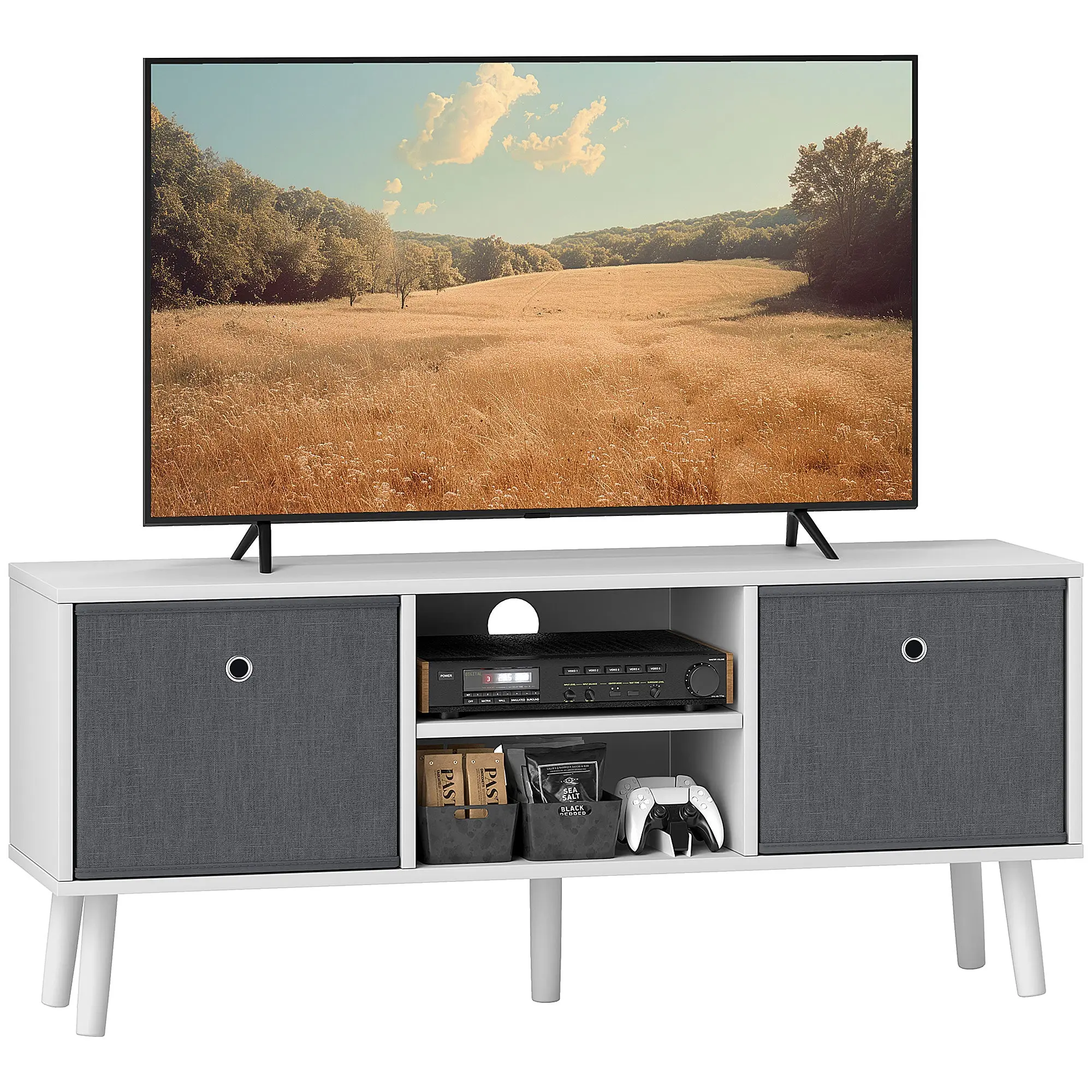 TV Stand Unit for TVs up to 50" with Foldable Drawers, Shelves, White and Grey