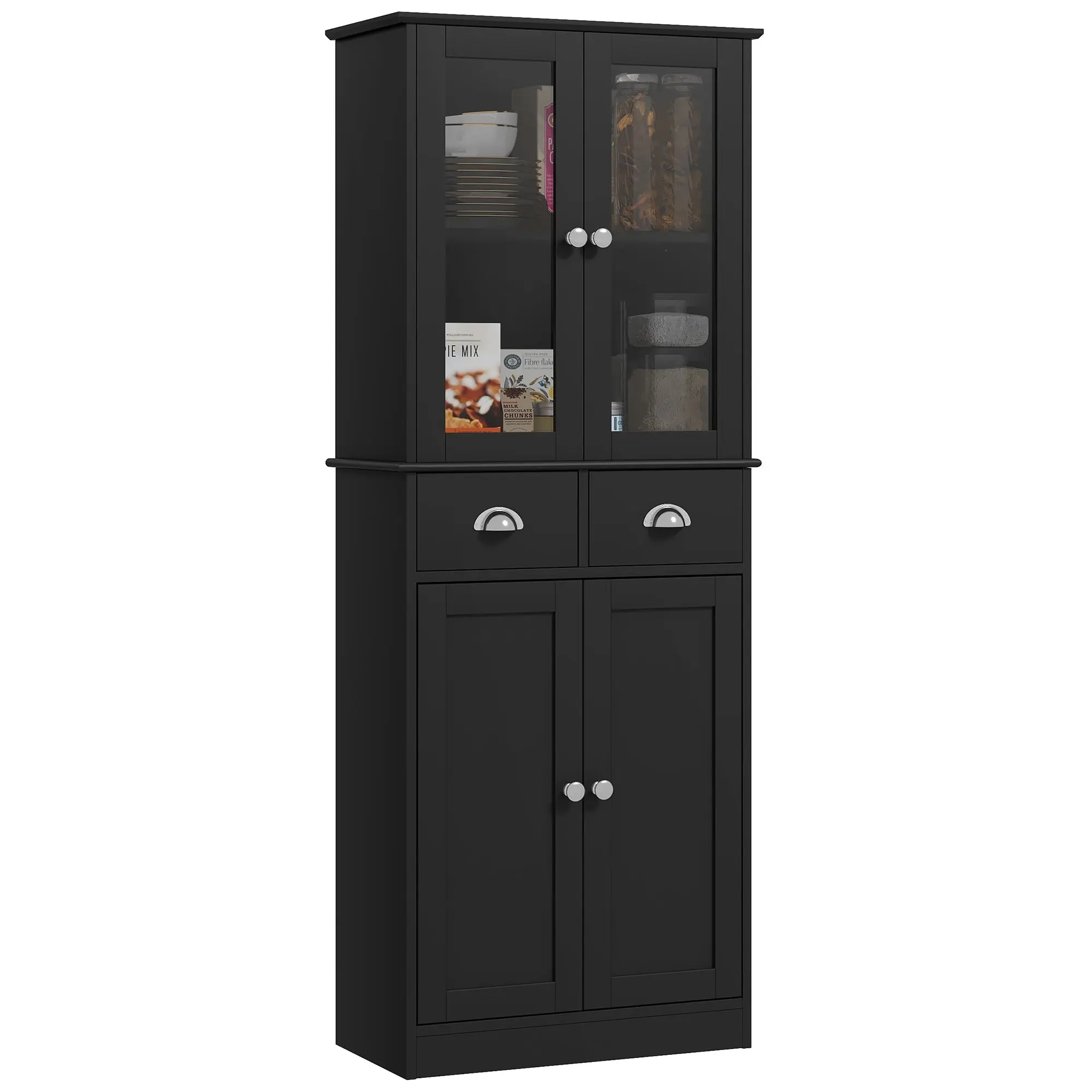 61" Farmhouse Pantry with Glass Doors & Adjustable Shelves, Black