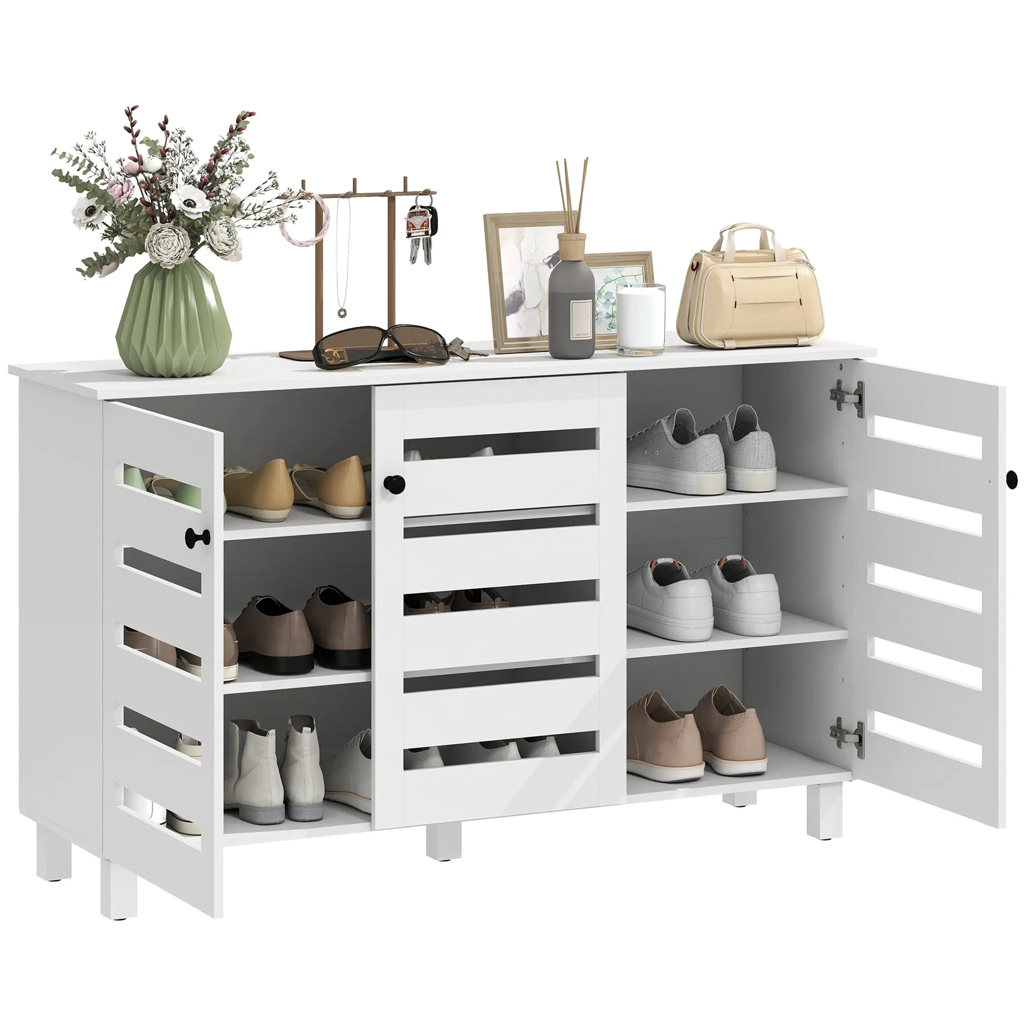 Shoe Cabinet with 3 Doors, 3-Tier Adjustable Shelves for 15 Pairs, White