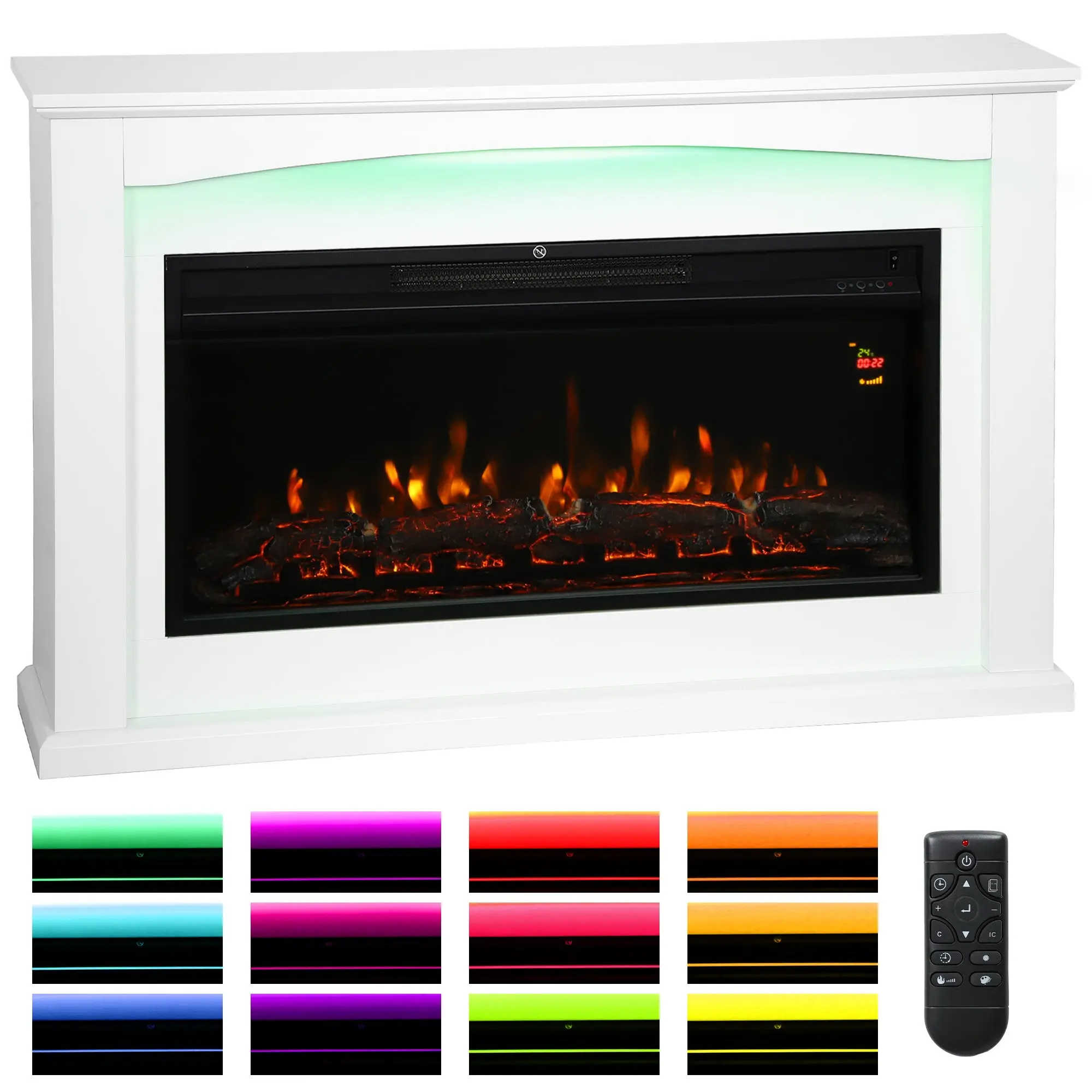 48" Electric Fireplace with Realistic Flame, 2000W, 5 Light Levels, White