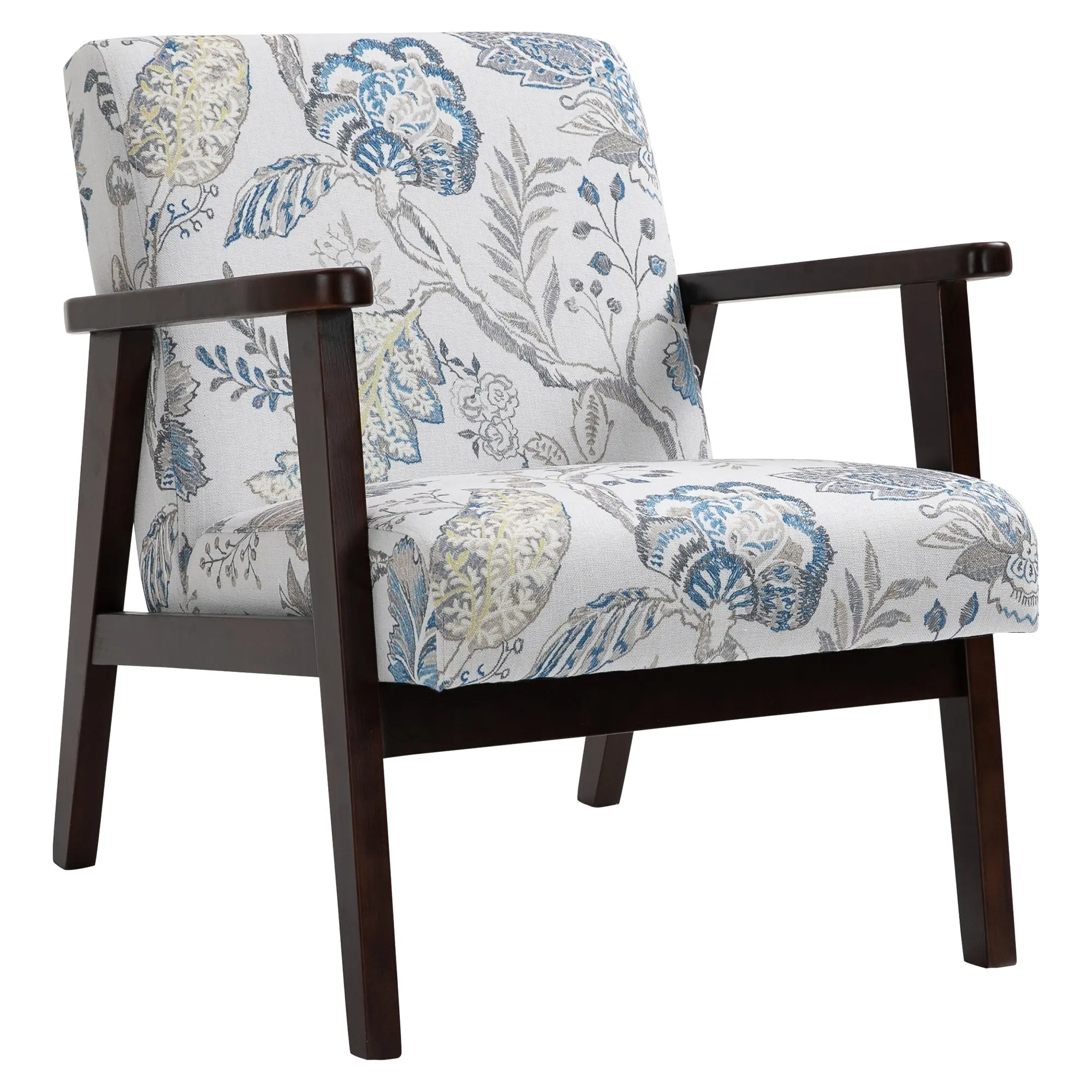 Mid-Century Fabric Armchair with Wood Legs  and Padded Cushion, Floral