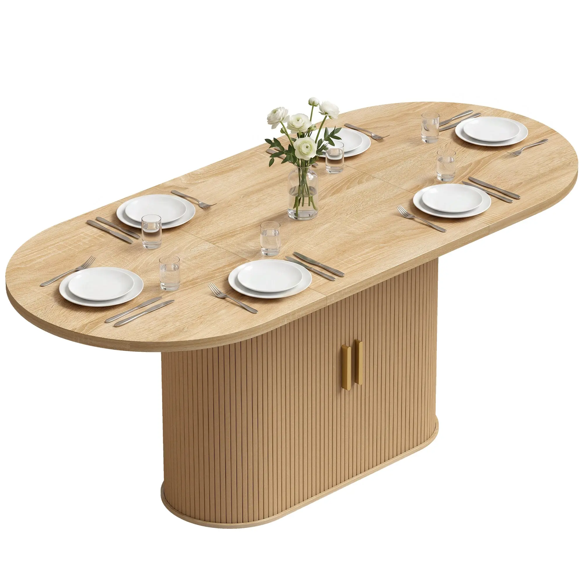 Modern Oval Dining Table for 6 with Thick Top & Tambour Under-Cabinet Doors, Oak