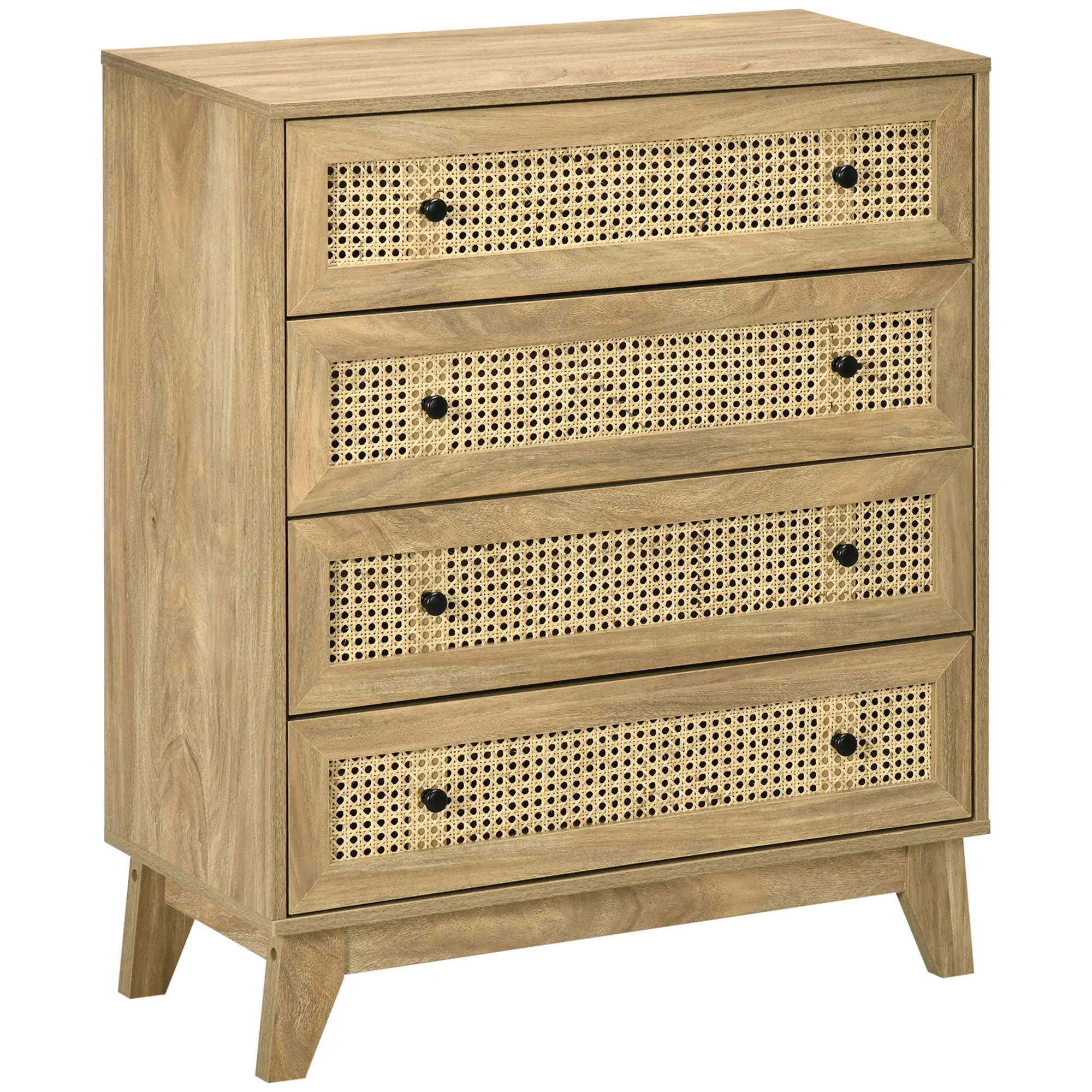 4-Drawer Storage Organiser Unit with Rattan Element for Bedroom, Living Room, Wood Effect