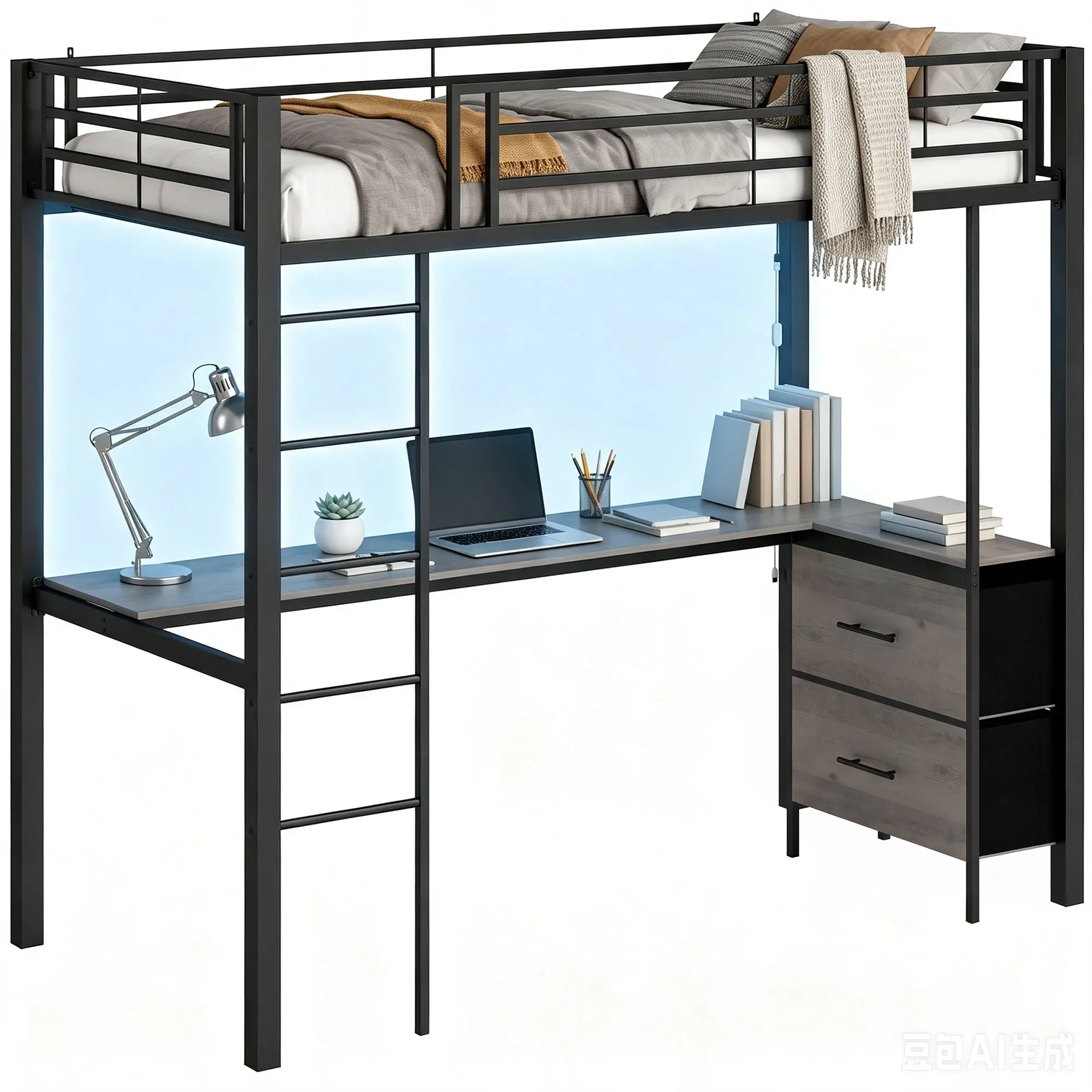 Metal Loft Bed with Desk, LED Light and Safety Guardrail, Single, Black