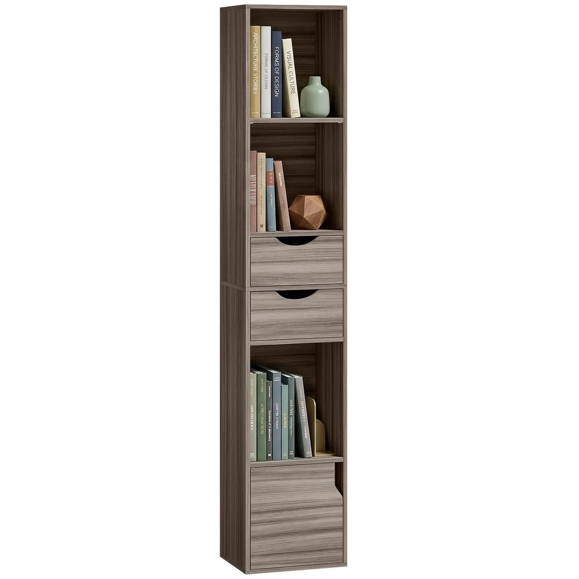 158 cm 3-Tier Bookcase with Drawers & Doors, Slim Adjustable Shelf Storage, Grey